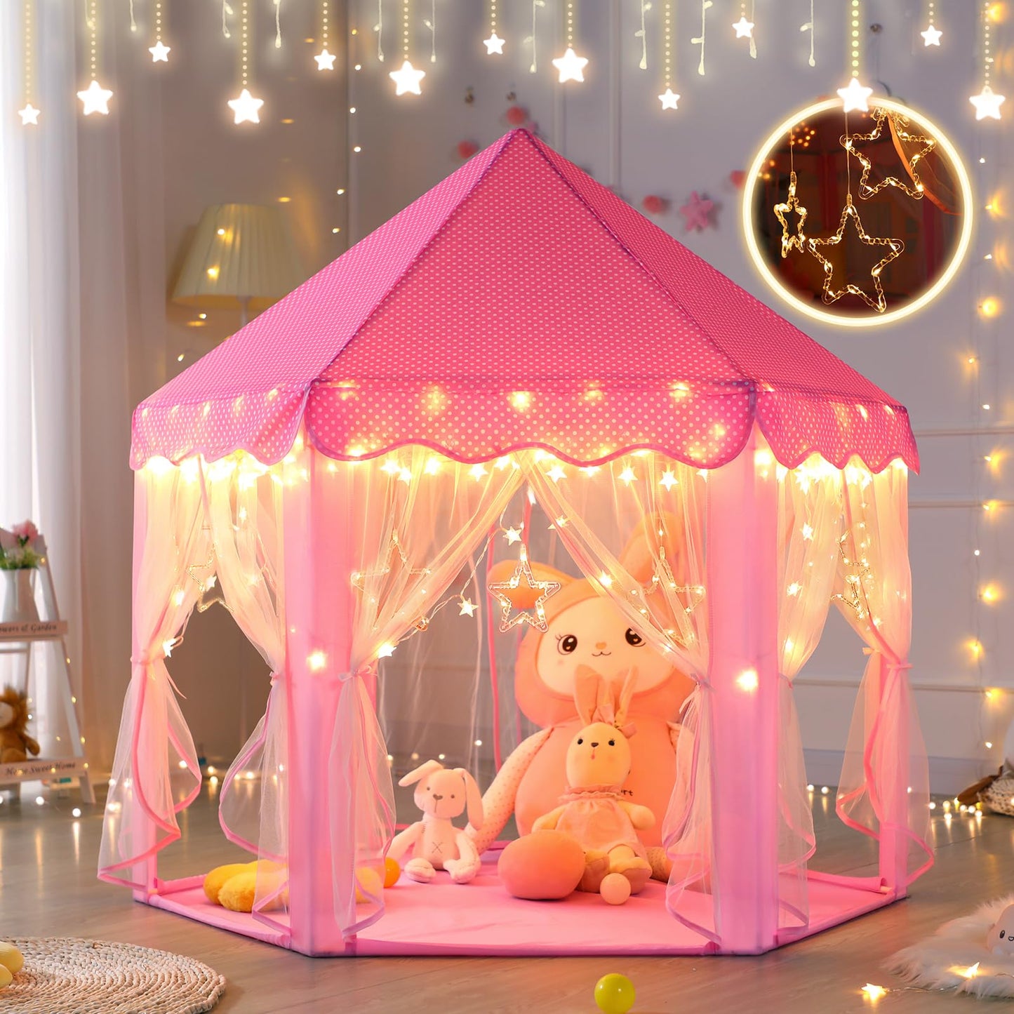 Monobeach Princess Castle Play Tent – Large 55'' x 53'' Indoor/Outdoor Playhouse with Star Lights