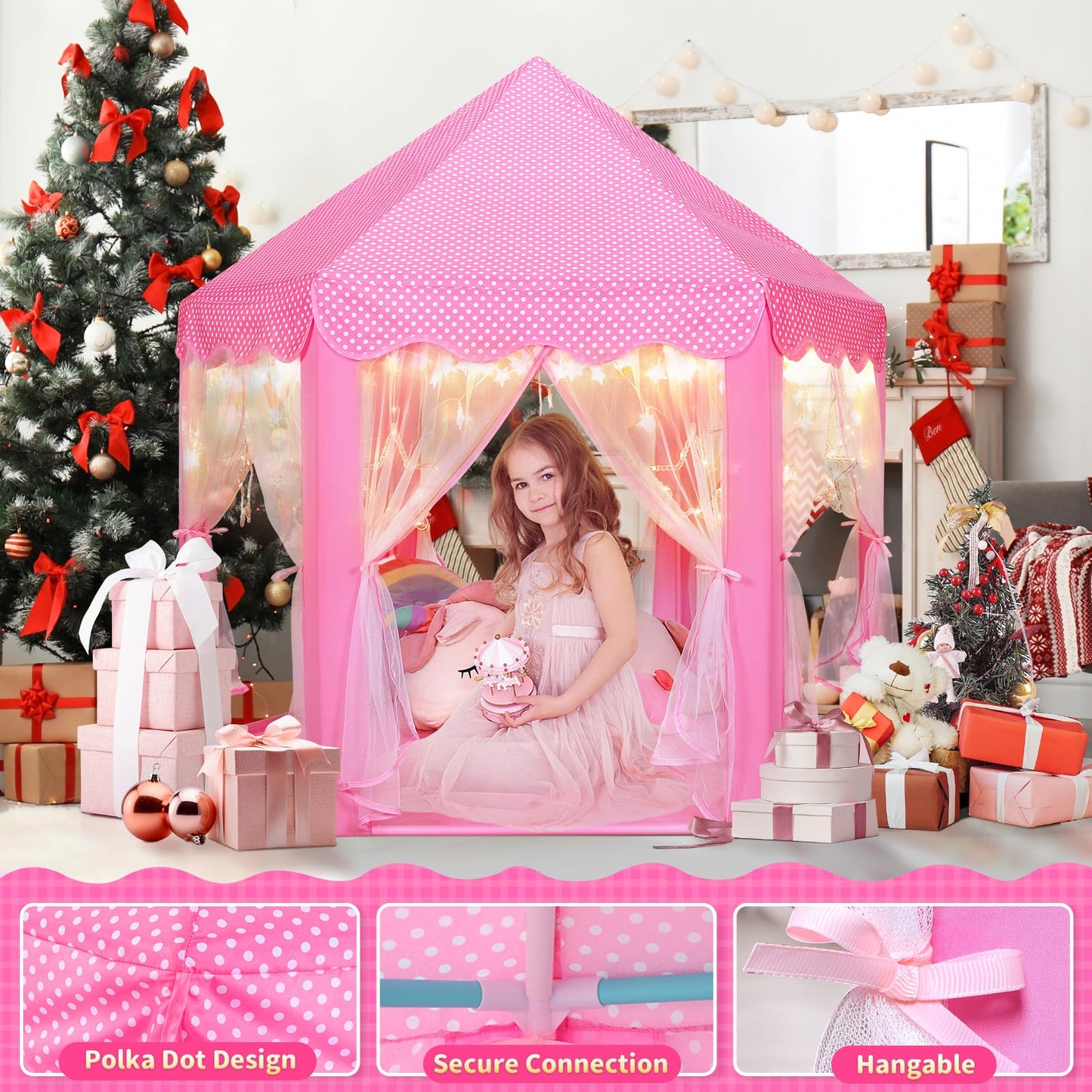 Monobeach Princess Castle Play Tent – Large 55'' x 53'' Indoor/Outdoor Playhouse with Star Lights