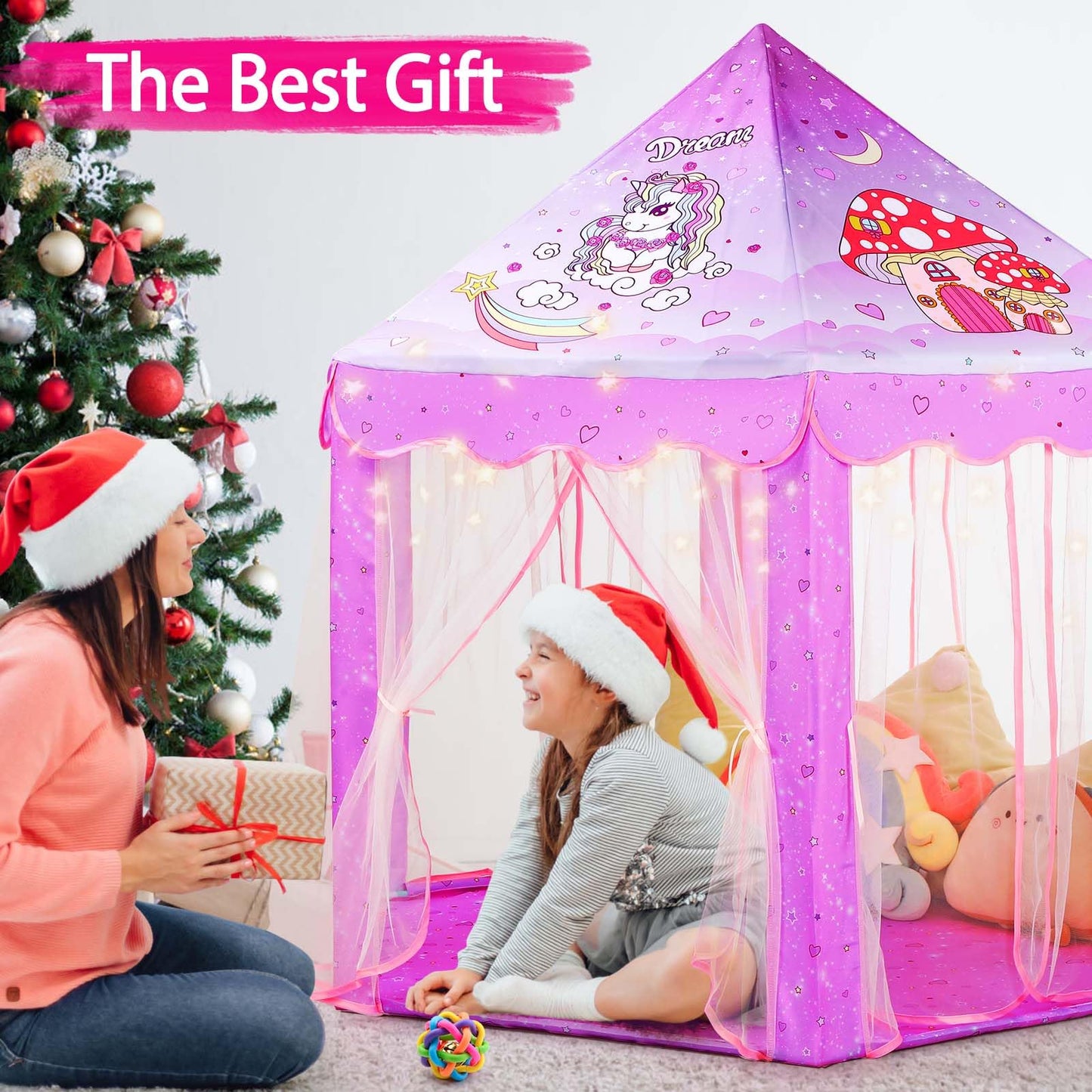 Monobeach Princess Tent – Large Unicorn Castle Play Tent for Kids, 55x53 inches, with Star Lights