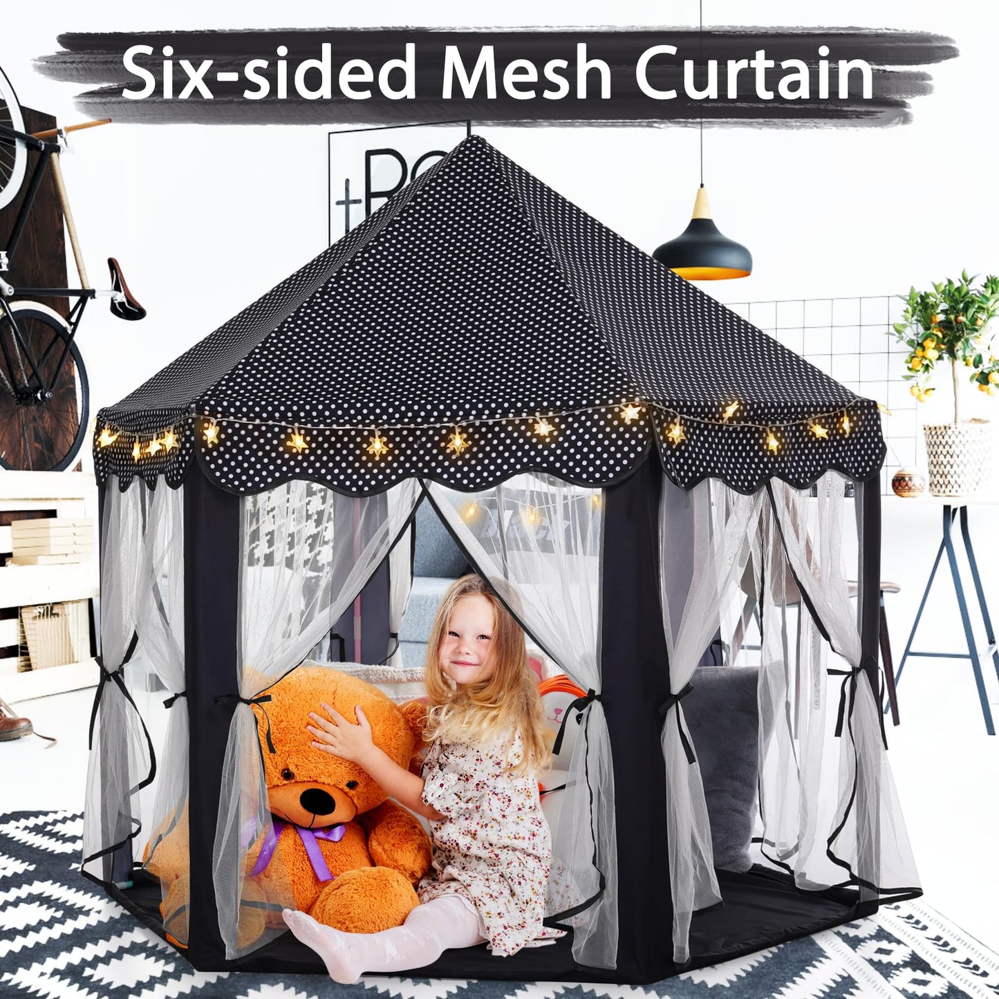 Monobeach Princess Tent for Girls – Large Black Playhouse with Star Lights | Indoor & Outdoor Castle