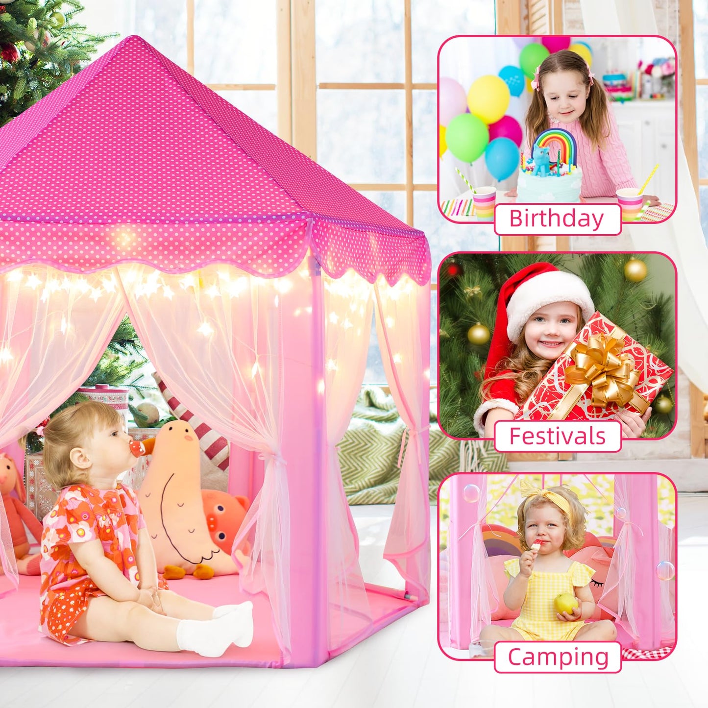 Monobeach Princess Tent – Large Play Castle for Girls with Star Lights, 55x53 inches