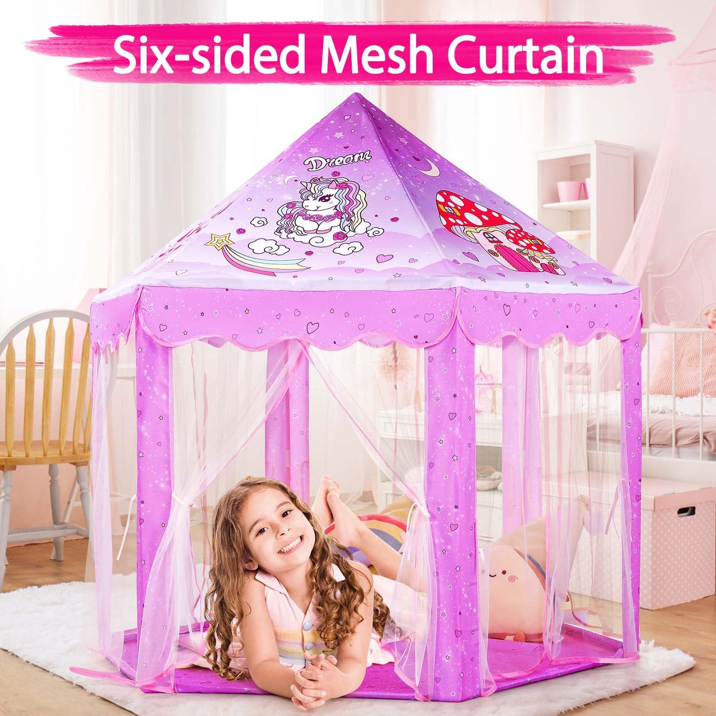 Monobeach Princess Tent – Large Unicorn Castle Play Tent for Kids, 55x53 inches, with Star Lights