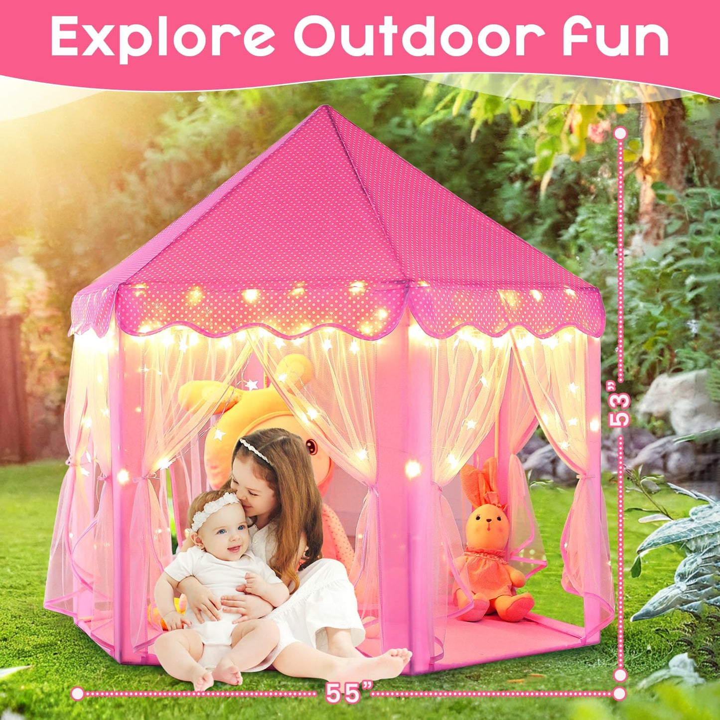 Monobeach Princess Tent – Large Play Castle for Girls with Star Lights, 55x53 inches