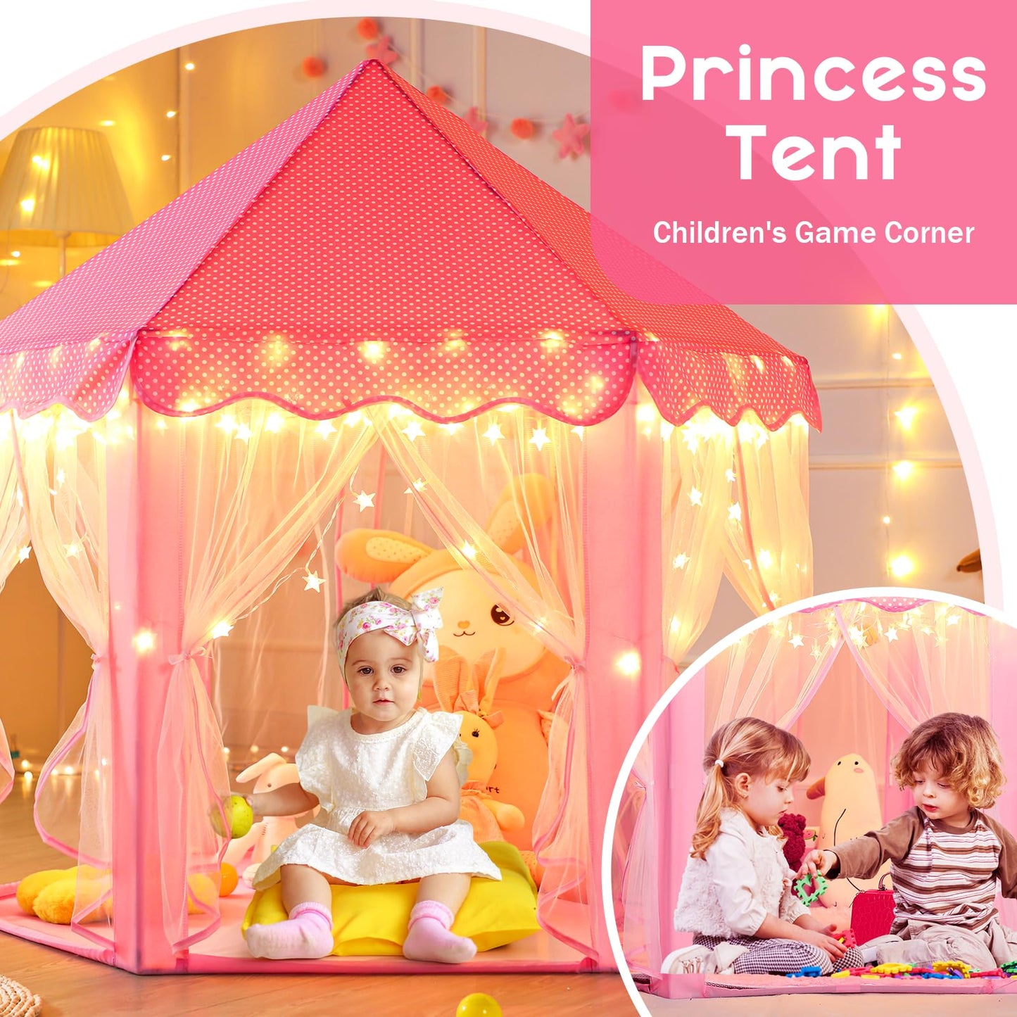 Monobeach Princess Tent – Large Play Castle for Girls with Star Lights, 55x53 inches