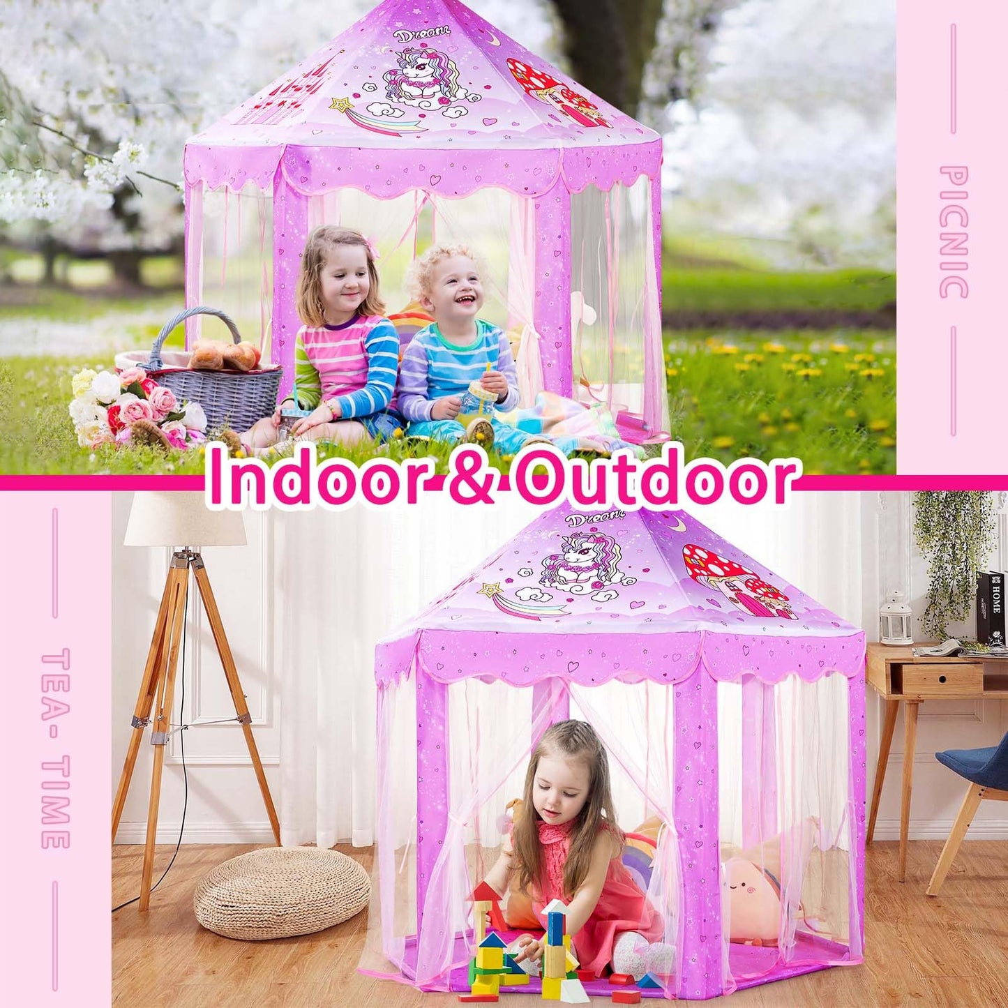 Monobeach Princess Tent – Large Unicorn Castle Play Tent for Kids, 55x53 inches, with Star Lights