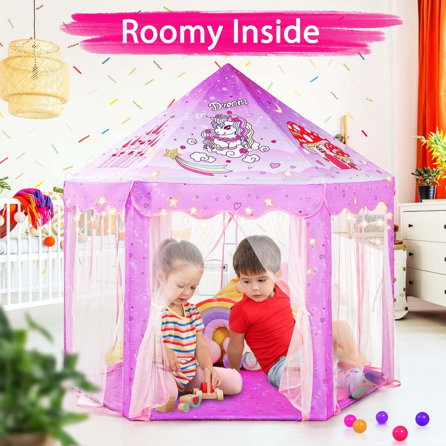 Monobeach Princess Tent – Large Unicorn Castle Play Tent for Kids, 55x53 inches, with Star Lights