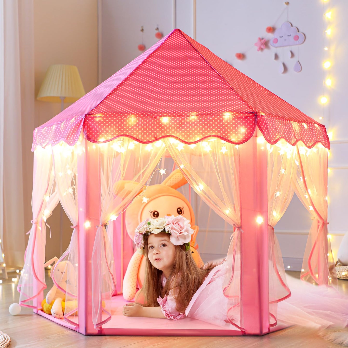 Monobeach Princess Tent – Large Play Castle for Girls with Star Lights, 55x53 inches