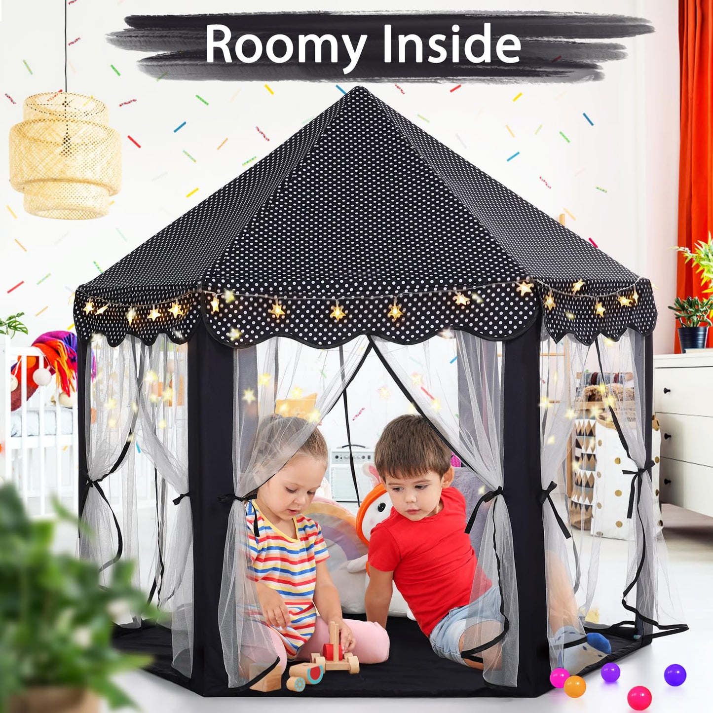 Monobeach Princess Tent for Girls – Large Black Playhouse with Star Lights | Indoor & Outdoor Castle