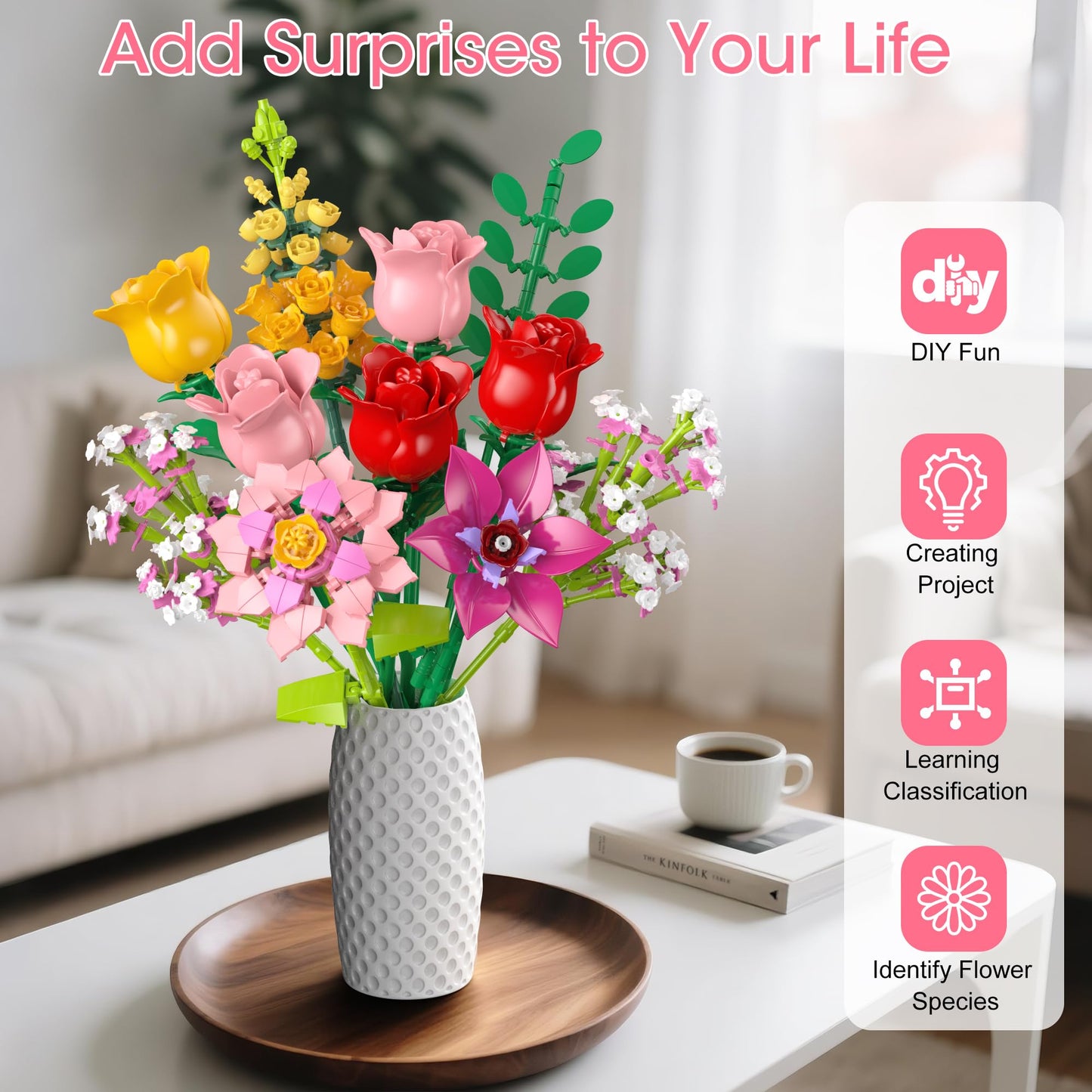 MONOFUN 765-Piece Flower Bouquet Building Blocks Set – DIY Floral Kit for Home, Office & Gifts