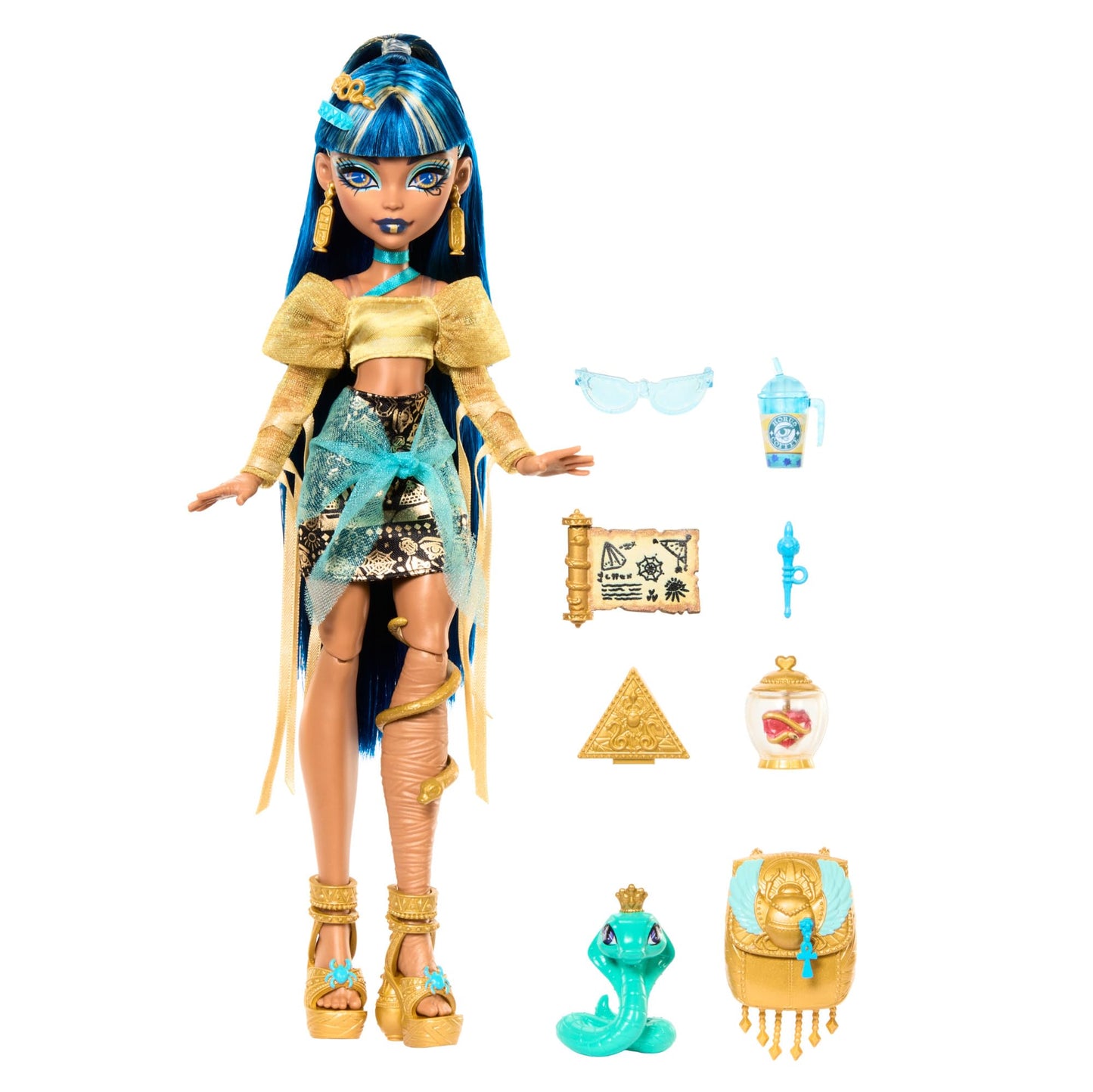 Monster High Cleo De Nile Doll – Golden Blouse & Layered Skirt with Hissette Cobra & Accessories