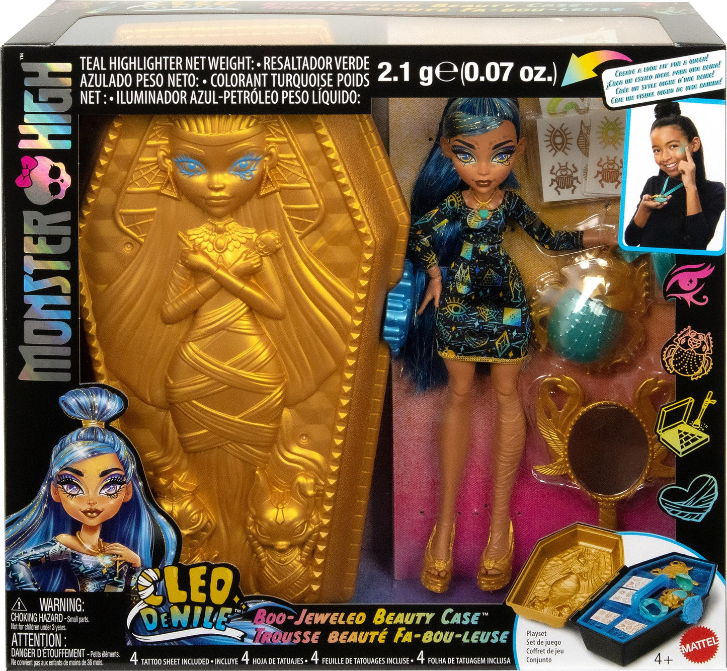 Monster High Cleo De Nile Golden Glam Case Beauty Kit – Tattoos, Necklace & Stickers