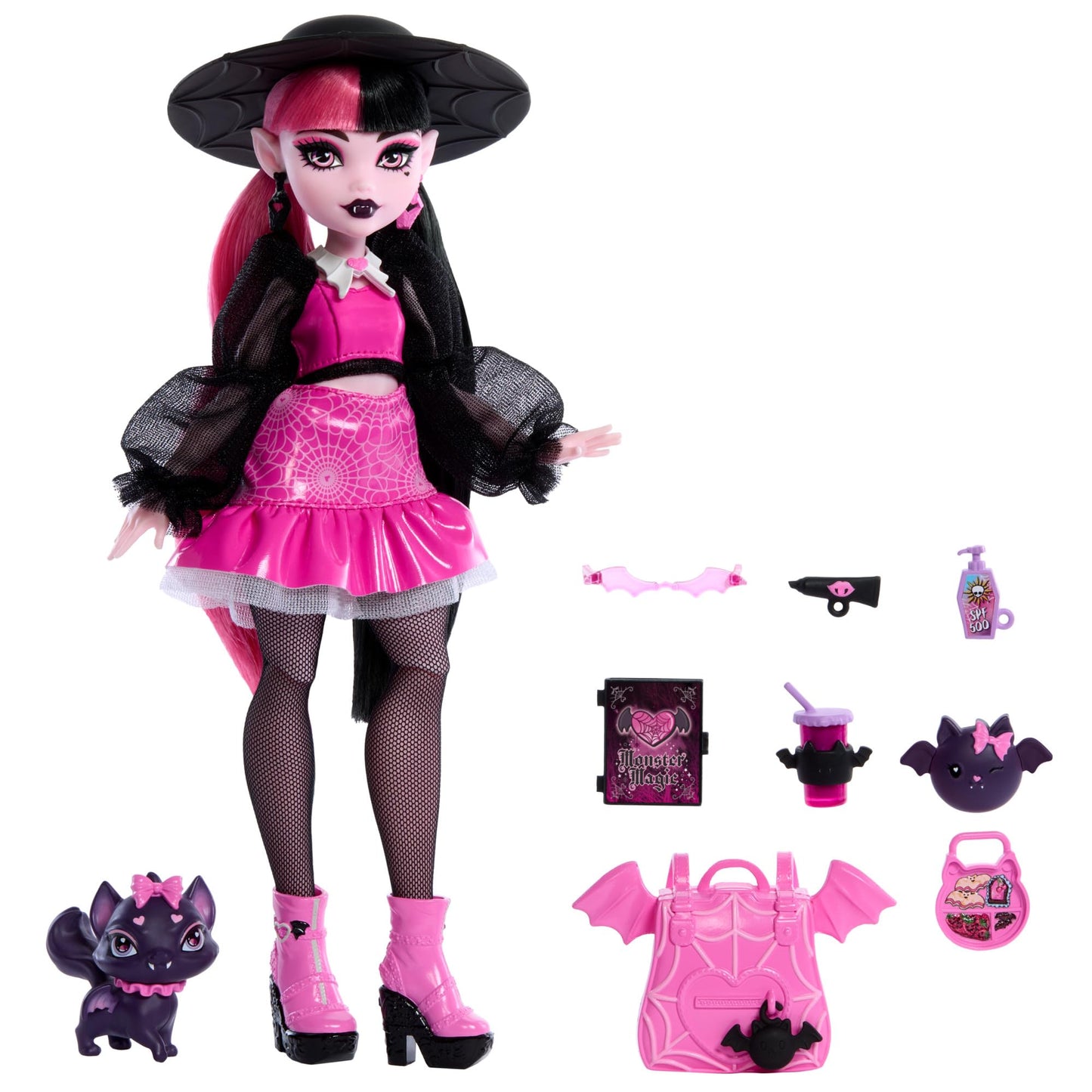 Monster High Draculaura Doll with Count Fabulous & Accessories – Backpack, Spell Book, Bento Box