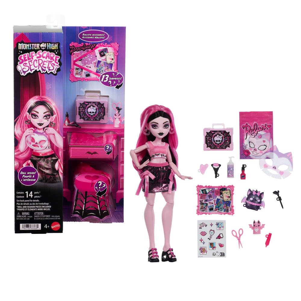 Monster High Self-Scare Secrets Draculaura Doll + 13 Surprises – Realistic Spa Tools & Custom Mood Board