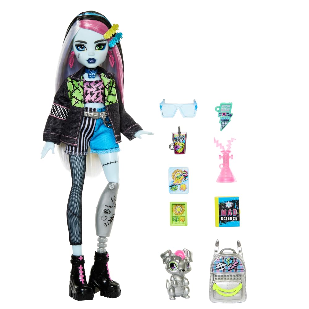 Monster High Frankie Stein Doll in Denim Jacket & Shorts — Includes Watzie & Accessories
