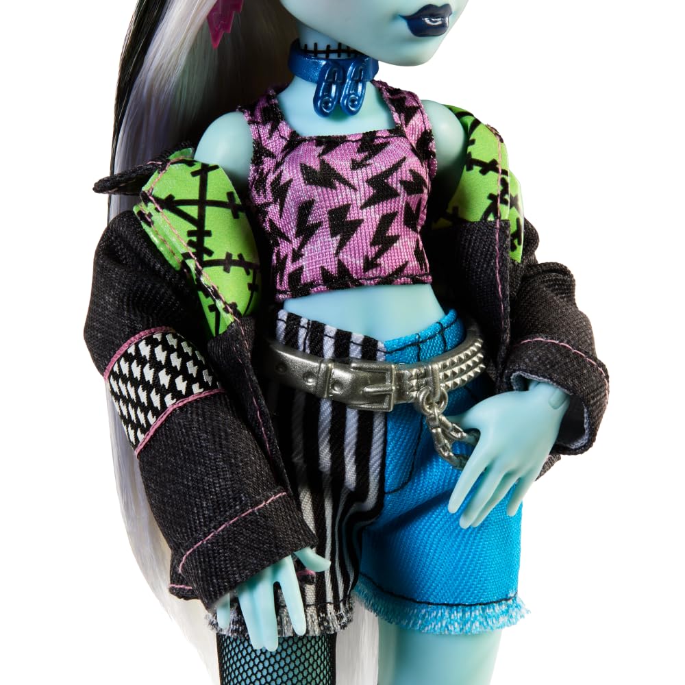 Monster High Frankie Stein Doll in Denim Jacket & Shorts — Includes Watzie & Accessories