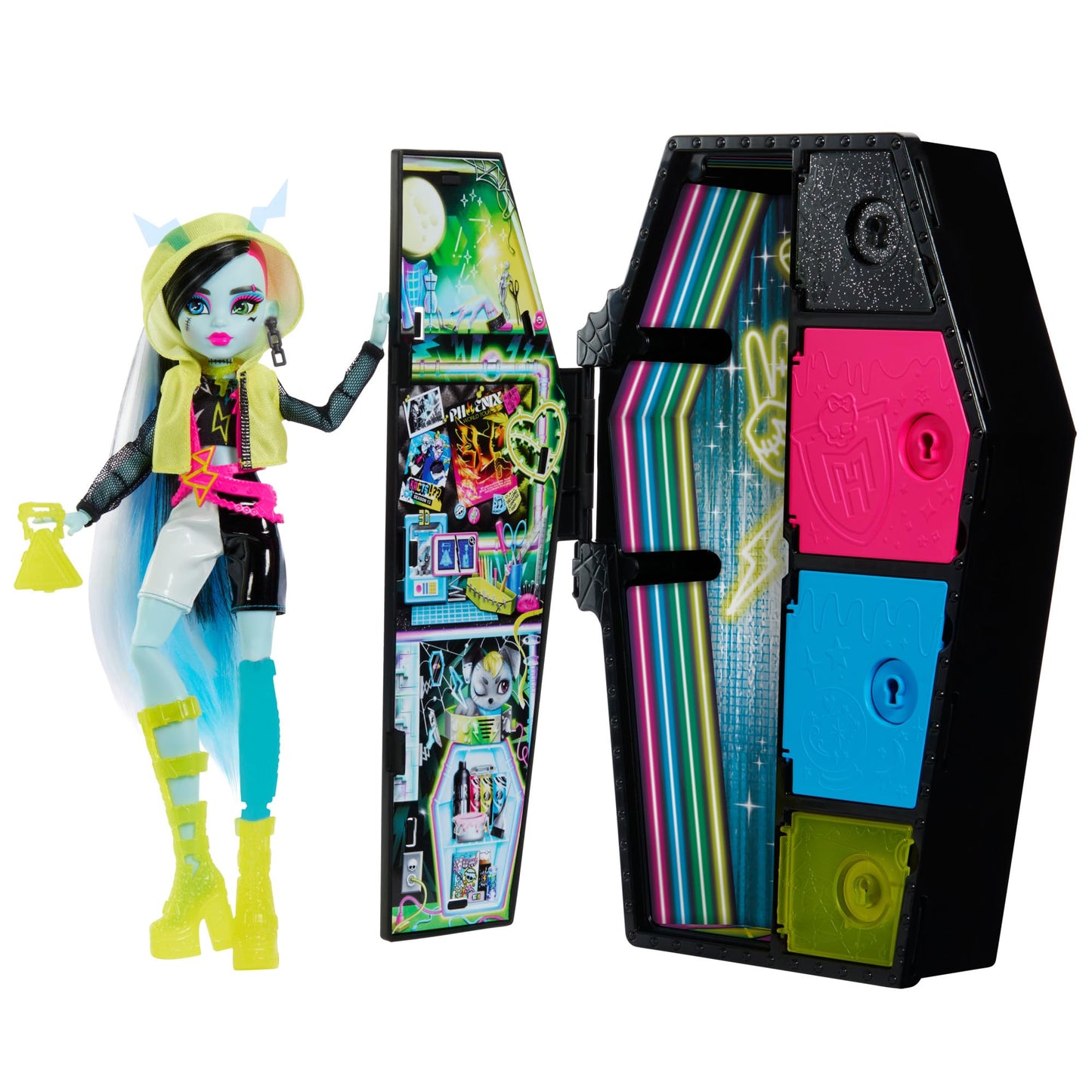 Monster High Skulltimate Secrets Neon Frights Frankie Stein Doll with Dress-Up Locker + 19+ Surprises
