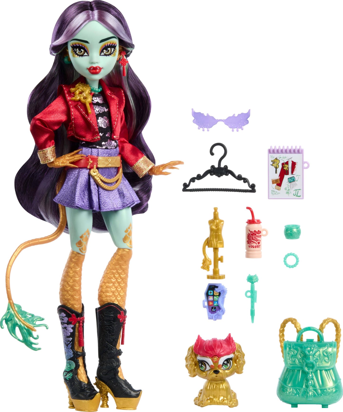 Monster High Jinafire Long Doll with Cloudy Yun Yun & 7 Accessories