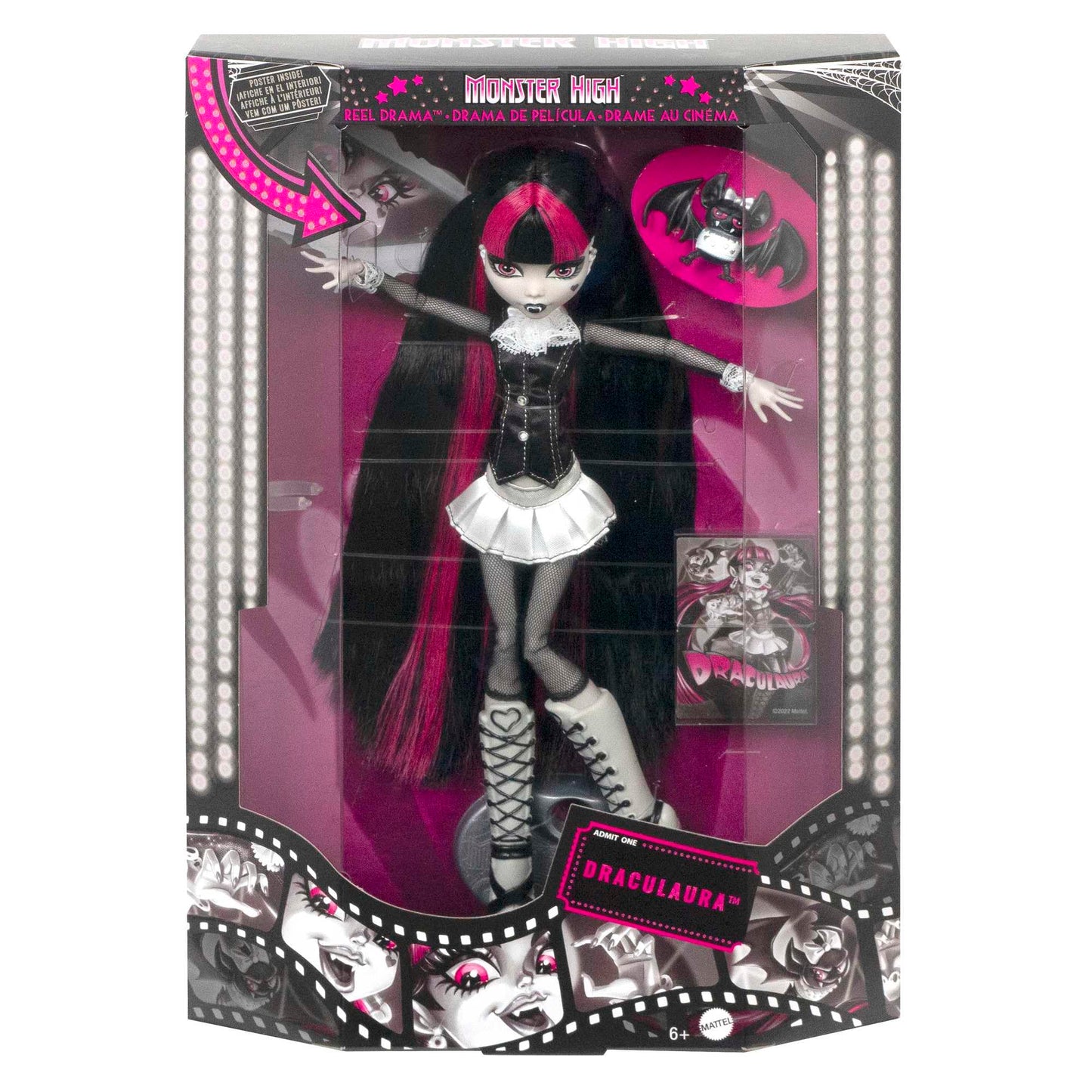 Monster High Reel Drama Draculaura Doll — Black & White Collectible with Doll-Size & Life-Size Posters