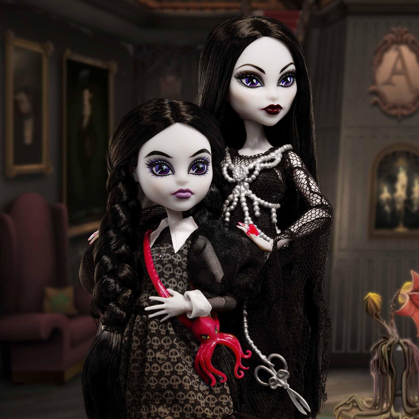 Monster High Skullector Addams Family Morticia & Wednesday Dolls – Fully Articulated with Certificate