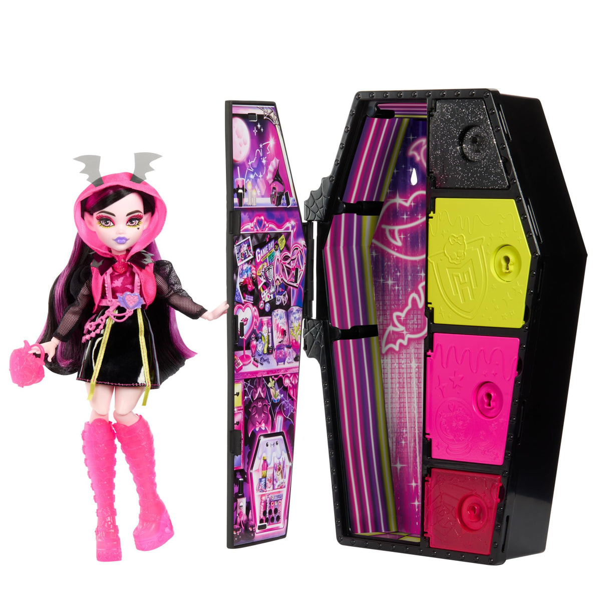 Monster High Skulltimate Secrets Neon Frights: Draculaura with Dress-Up Locker & 19+ Surprises