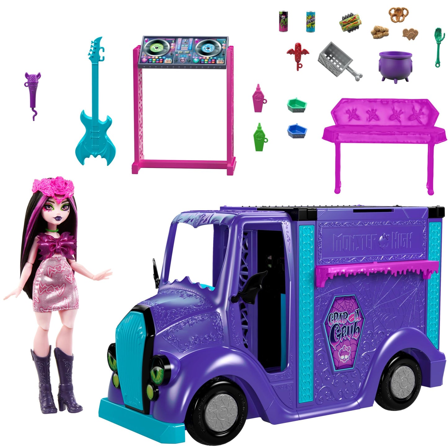 Monster High Draculaura Fangtastic Rockin’ Food Truck Playset | 2-in-1 Stage & 13+ Accessories
