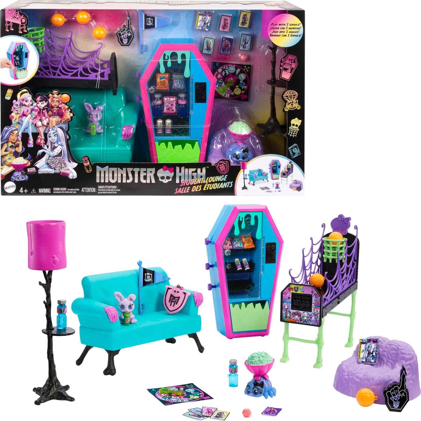 Monster High Student Lounge Playset – Doll House Furniture, Vending Machine & Pets