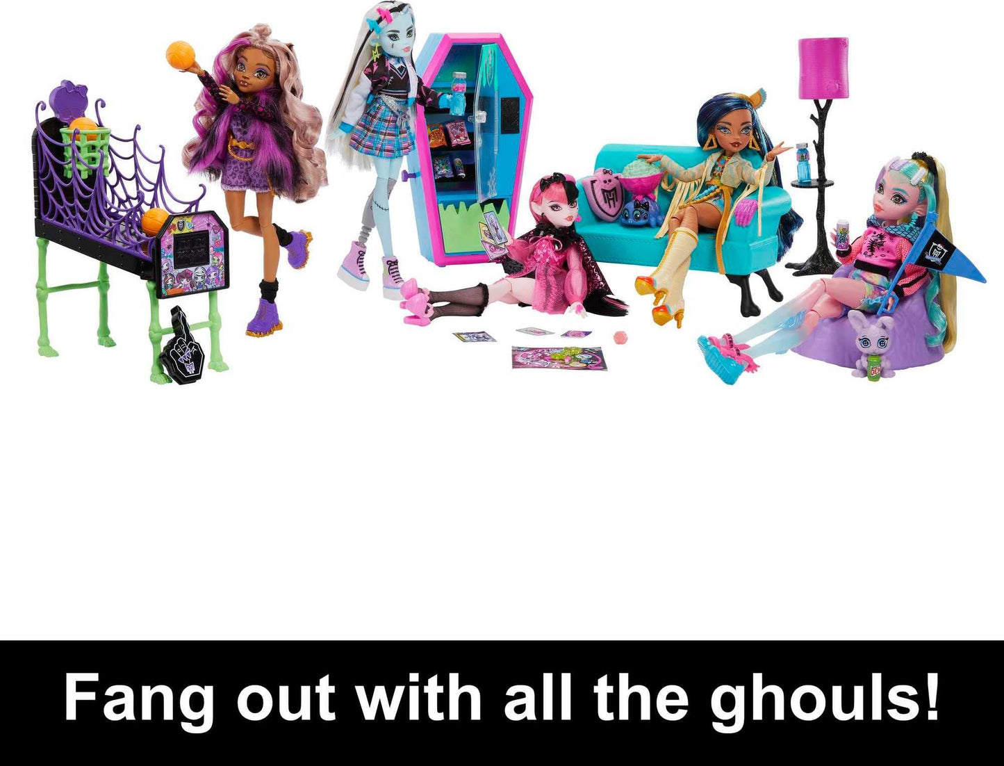 Monster High Student Lounge Playset – Doll House Furniture, Vending Machine & Pets