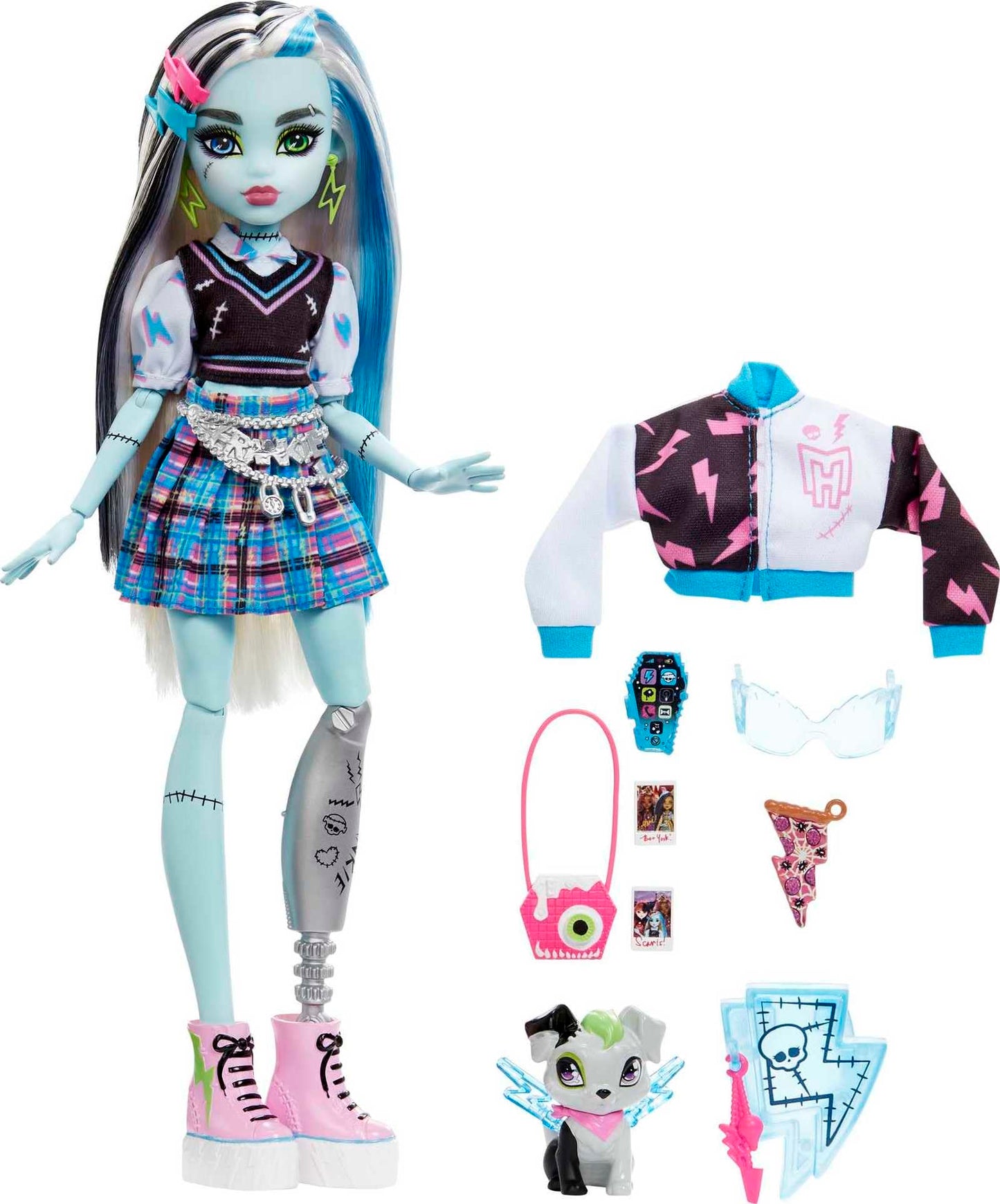 Monster High Frankie Stein Doll – Blue & Black Hair, Signature Look, Watzie Pet & Accessories
