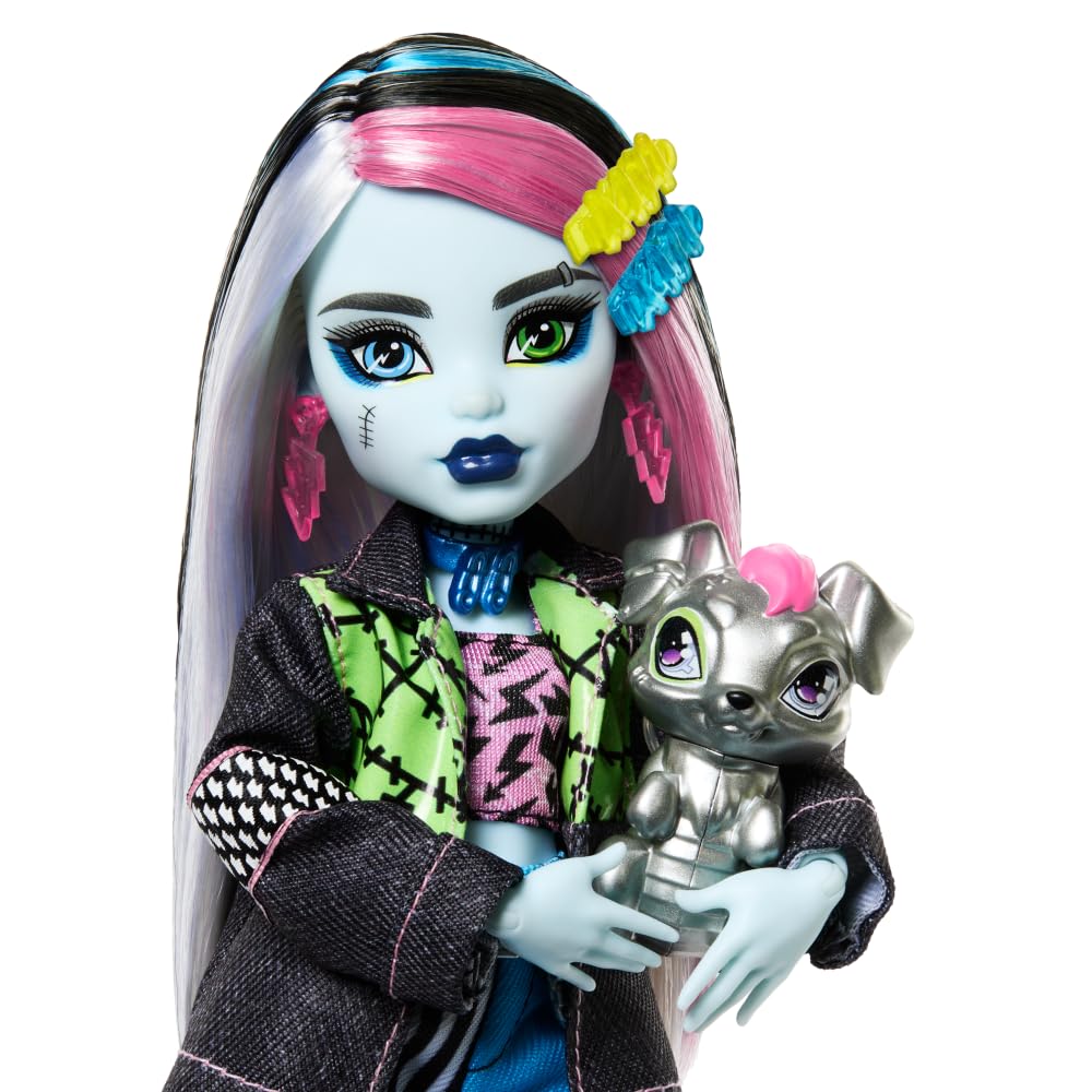 Monster High Frankie Stein Doll in Denim Jacket & Shorts — Includes Watzie & Accessories