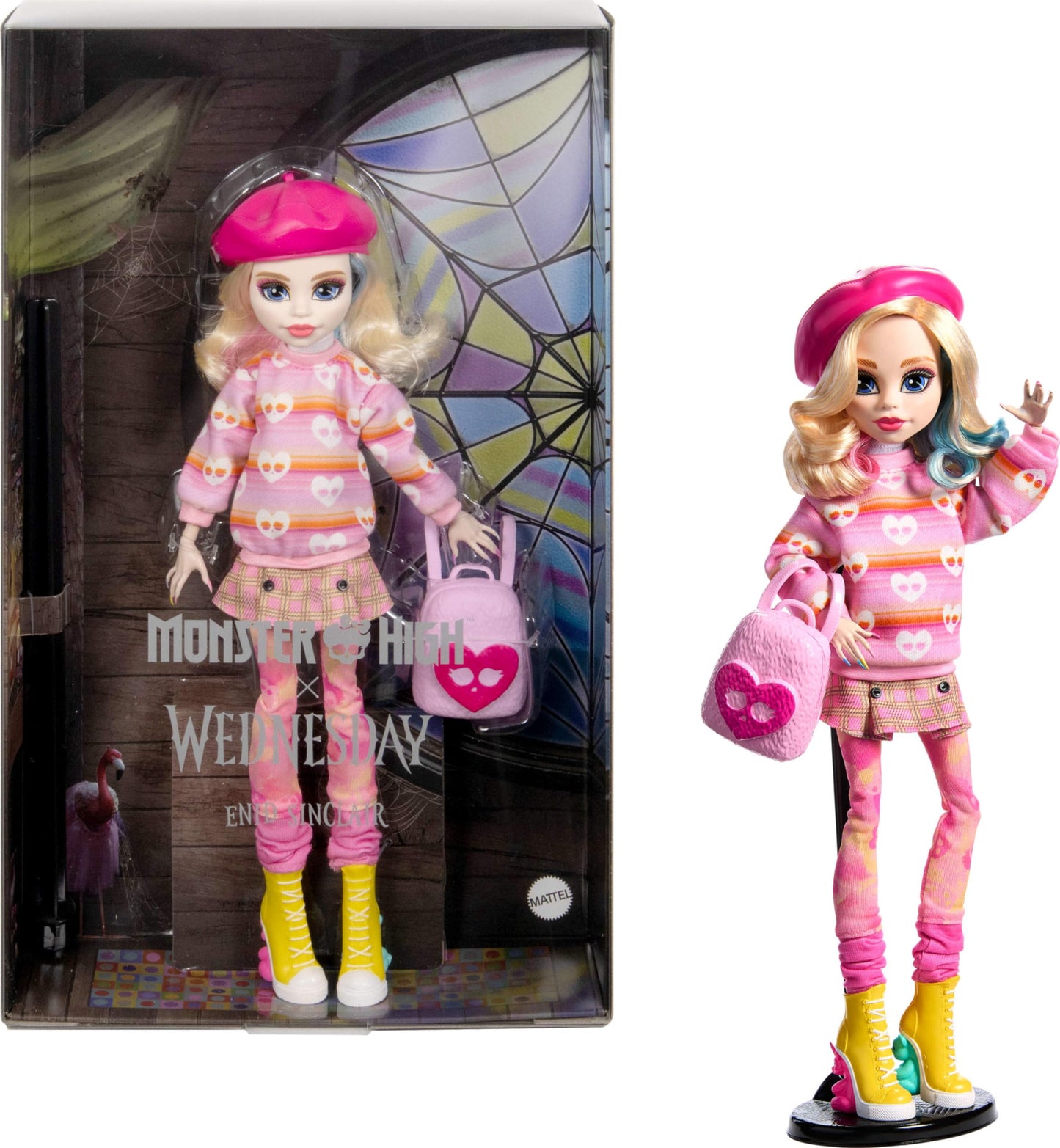 Monster High Wednesday Doll: Enid Sinclair in Pink with Beret and Backpack