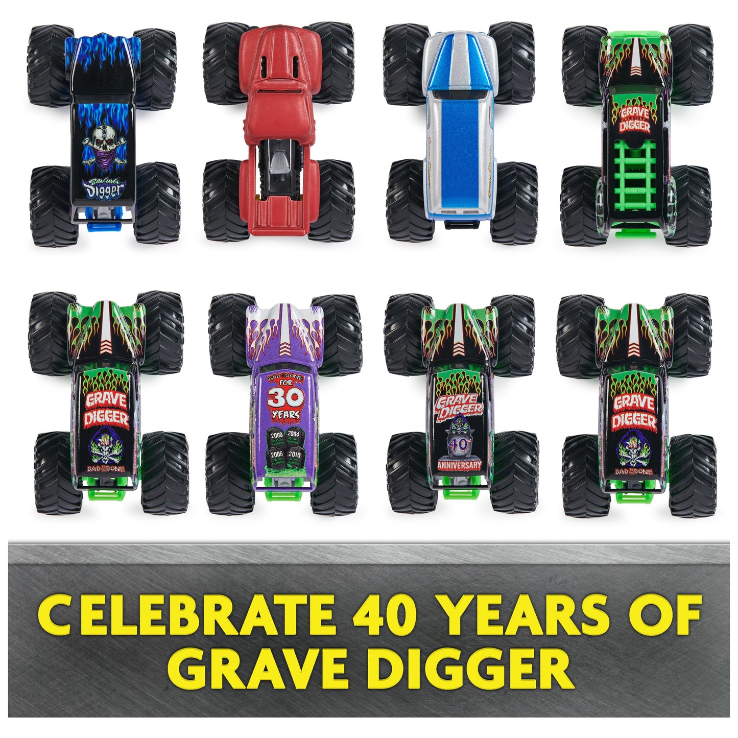 Monster Jam Grave Digger 40th Anniversary 8-Pack Monster Trucks – 1:64 Scale with Bonus Accessories