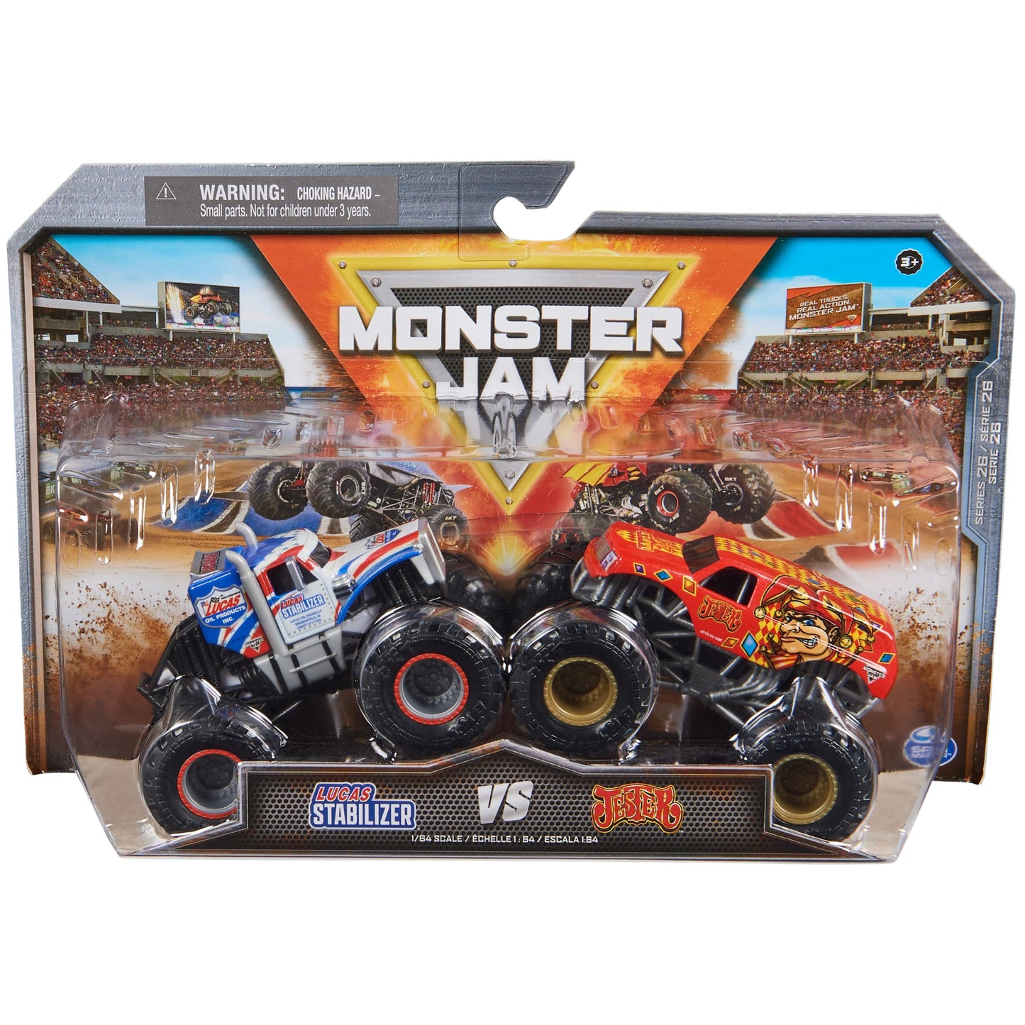 Monster Jam 2023 Official 1:64 Scale Die-Cast Truck 2-Pack Series 26: Lucas Stabilizer vs Jester
