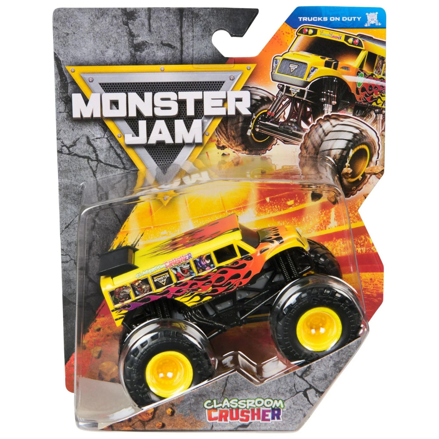 Monster Jam 2025 Official 1:64 Diecast – 44 Trucks On Duty Classroom Crusher School Bus