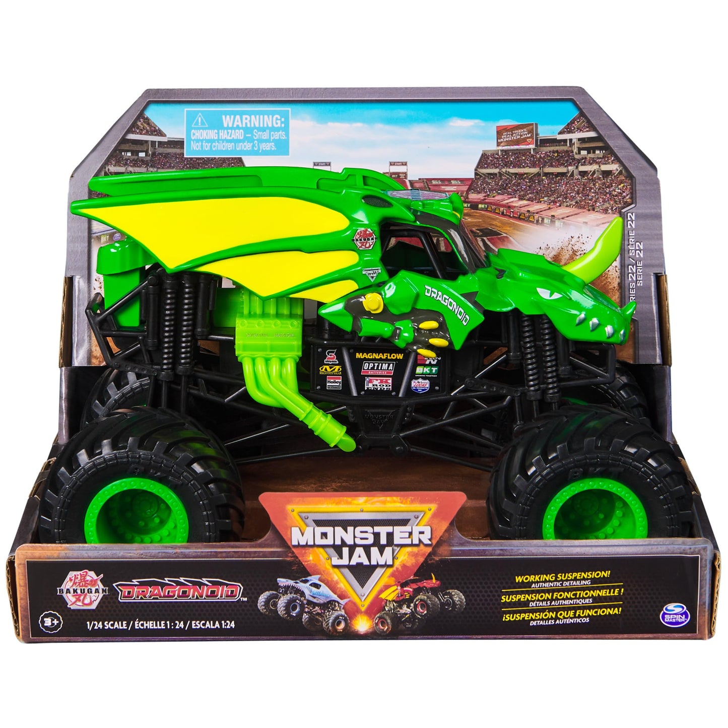 Monster Jam Bakugan Dragonoid Green Monster Truck – 1:24 Die-Cast with Chrome Rims & BKT Tires