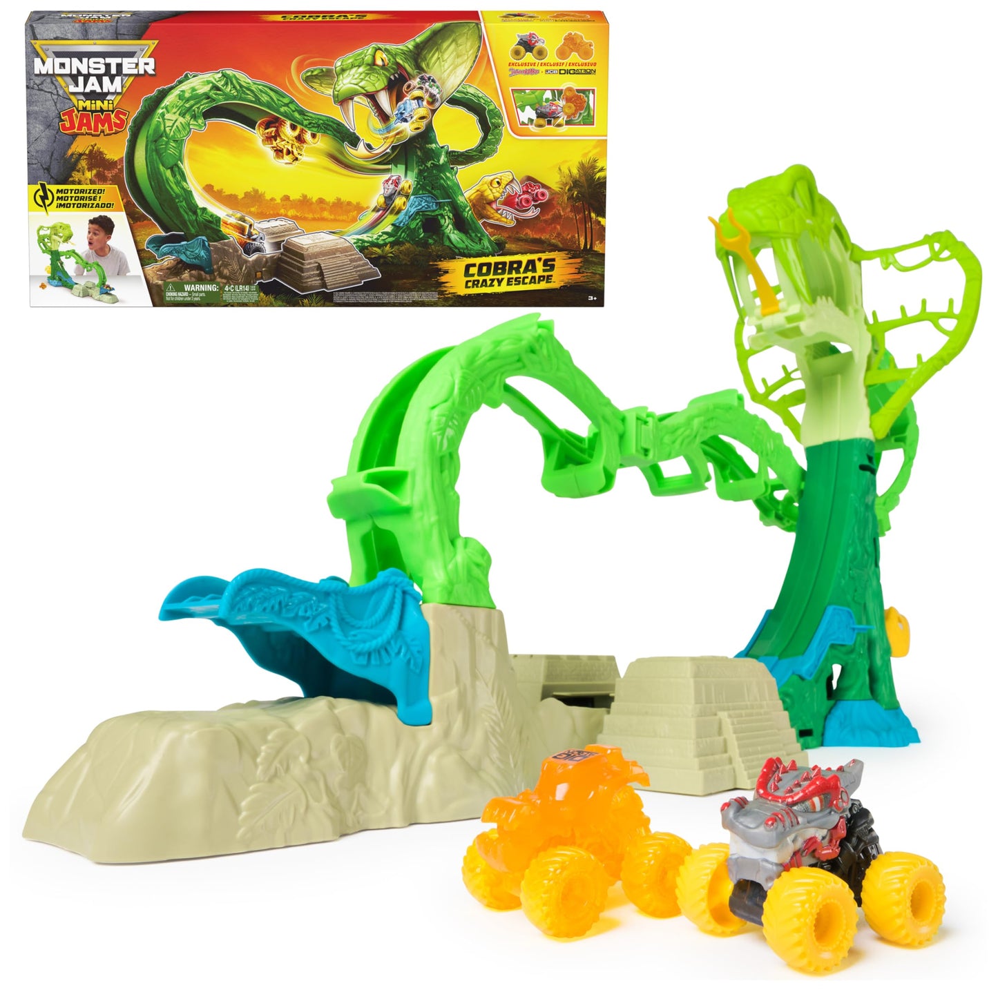 Monster Jam Cobra's Crazy Escape 28-inch Motorized Playset with 2 Exclusive Mini Jams