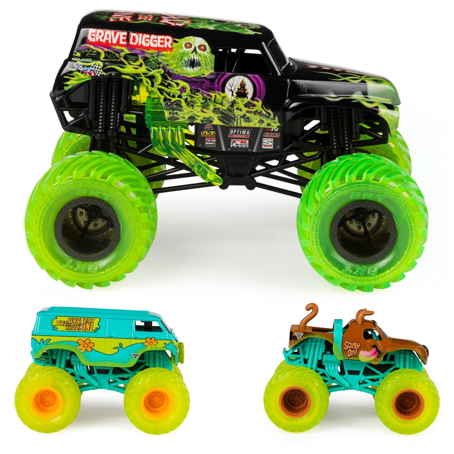 Monster Jam Curse of The Gasoline 3-Pack Die-Cast Trucks: Grave Digger 1:24, Scooby-Doo & The Mystery Machine
