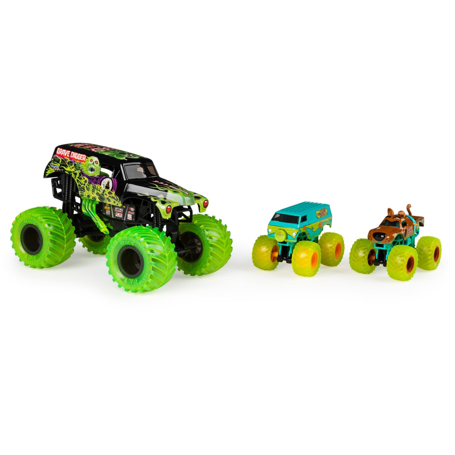 Monster Jam Curse of The Gasoline 3-Pack Die-Cast Trucks: Grave Digger 1:24, Scooby-Doo & The Mystery Machine