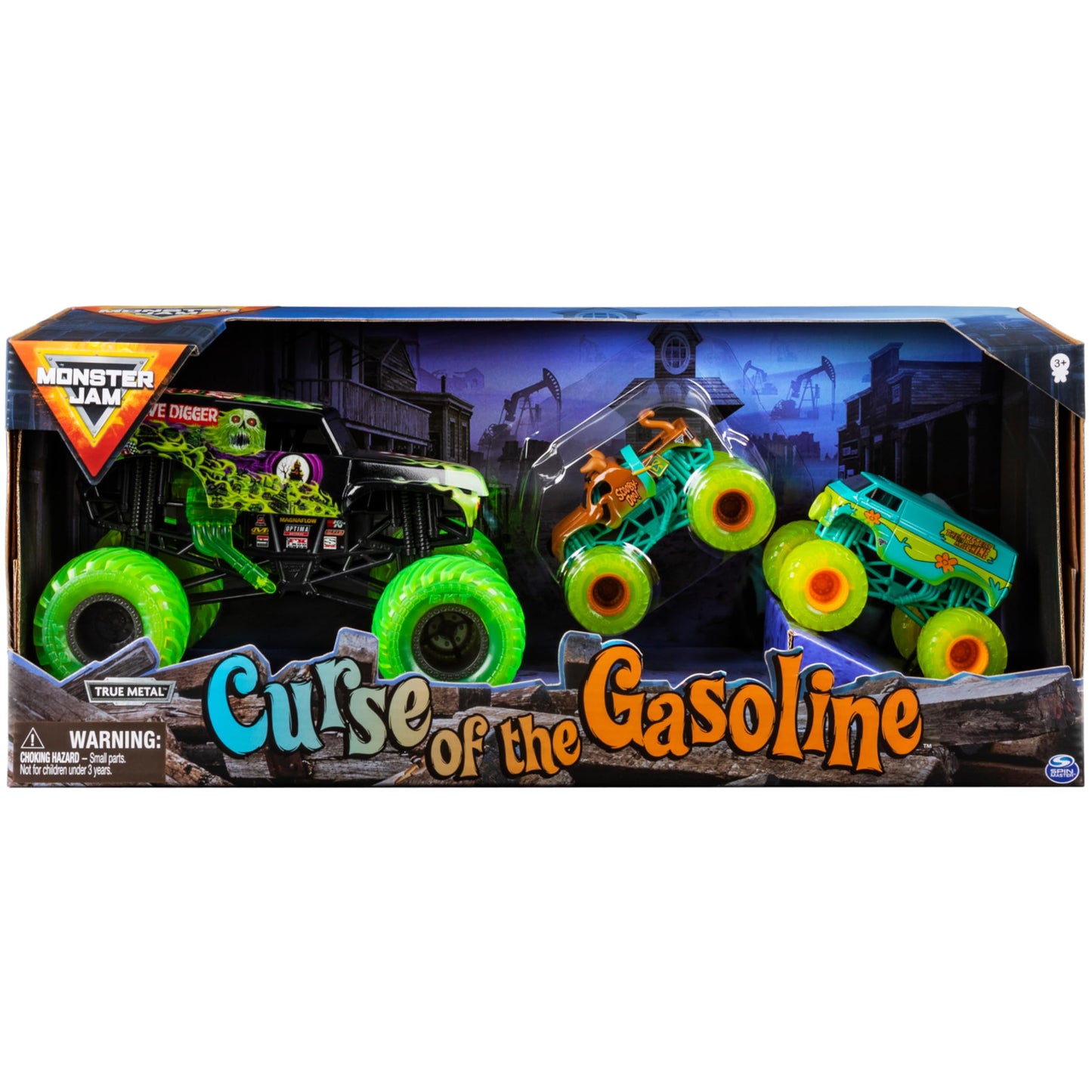 Monster Jam Curse of The Gasoline 3-Pack Die-Cast Trucks: Grave Digger 1:24, Scooby-Doo & The Mystery Machine