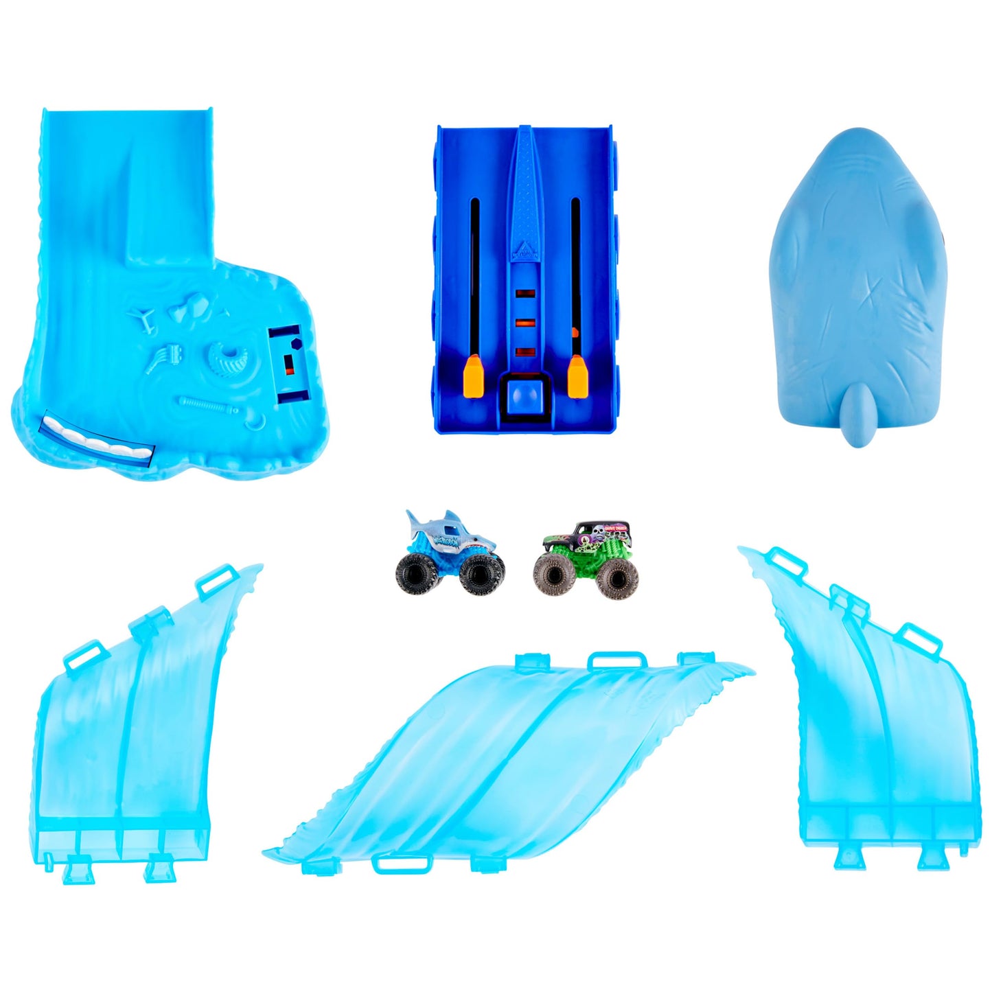 Monster Jam Mini Megalodon Race & Chomp Playset — 2 Exclusive Trucks, 1:87 Scale