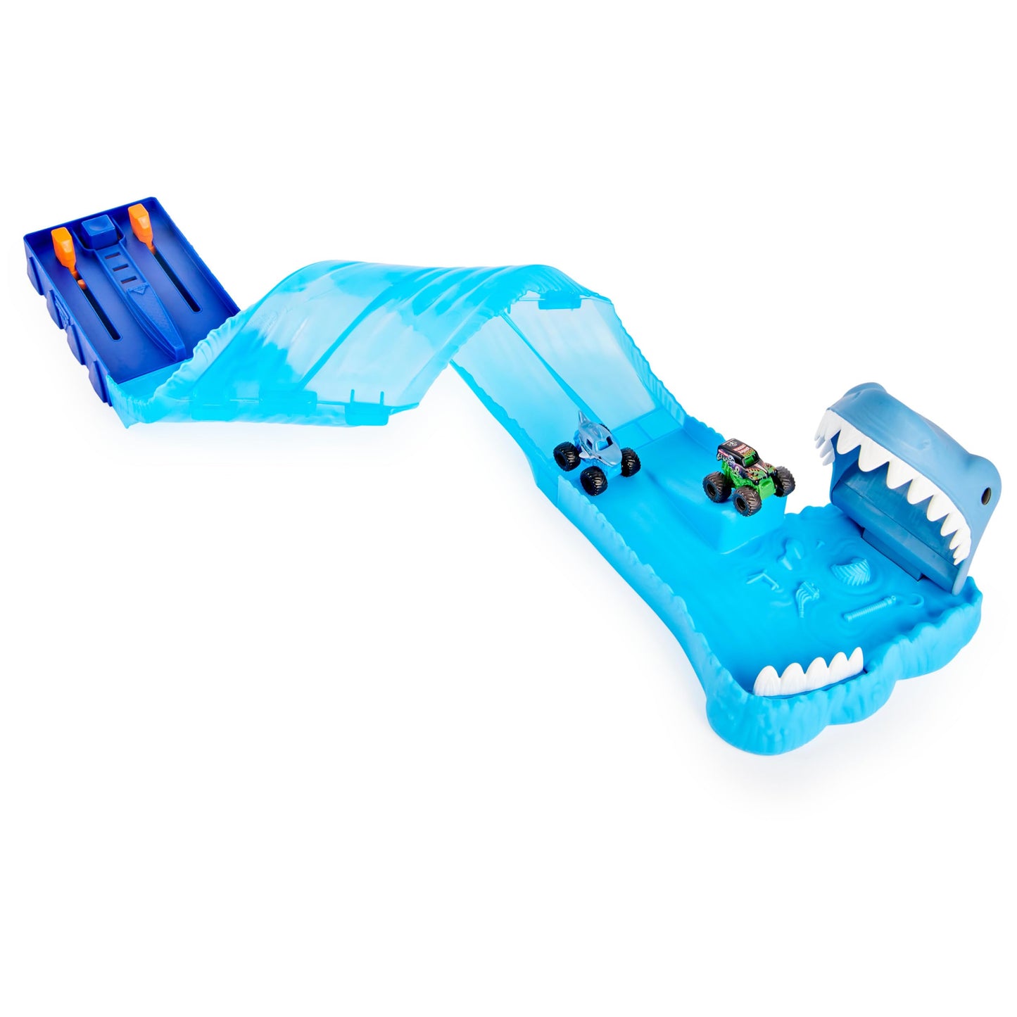 Monster Jam Mini Megalodon Race & Chomp Playset — 2 Exclusive Trucks, 1:87 Scale