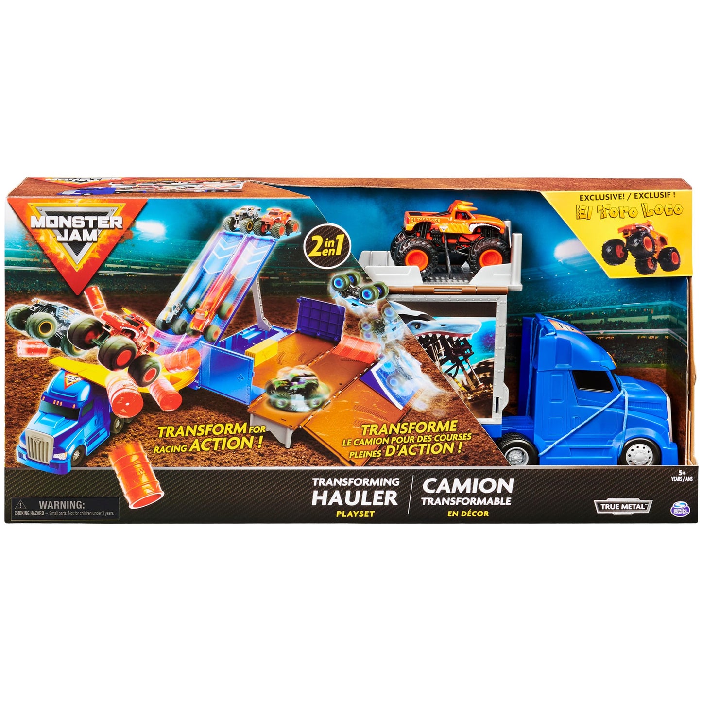 Monster Jam Transforming Hauler Playset with Exclusive El Toro Loco Truck | 1:64 Scale
