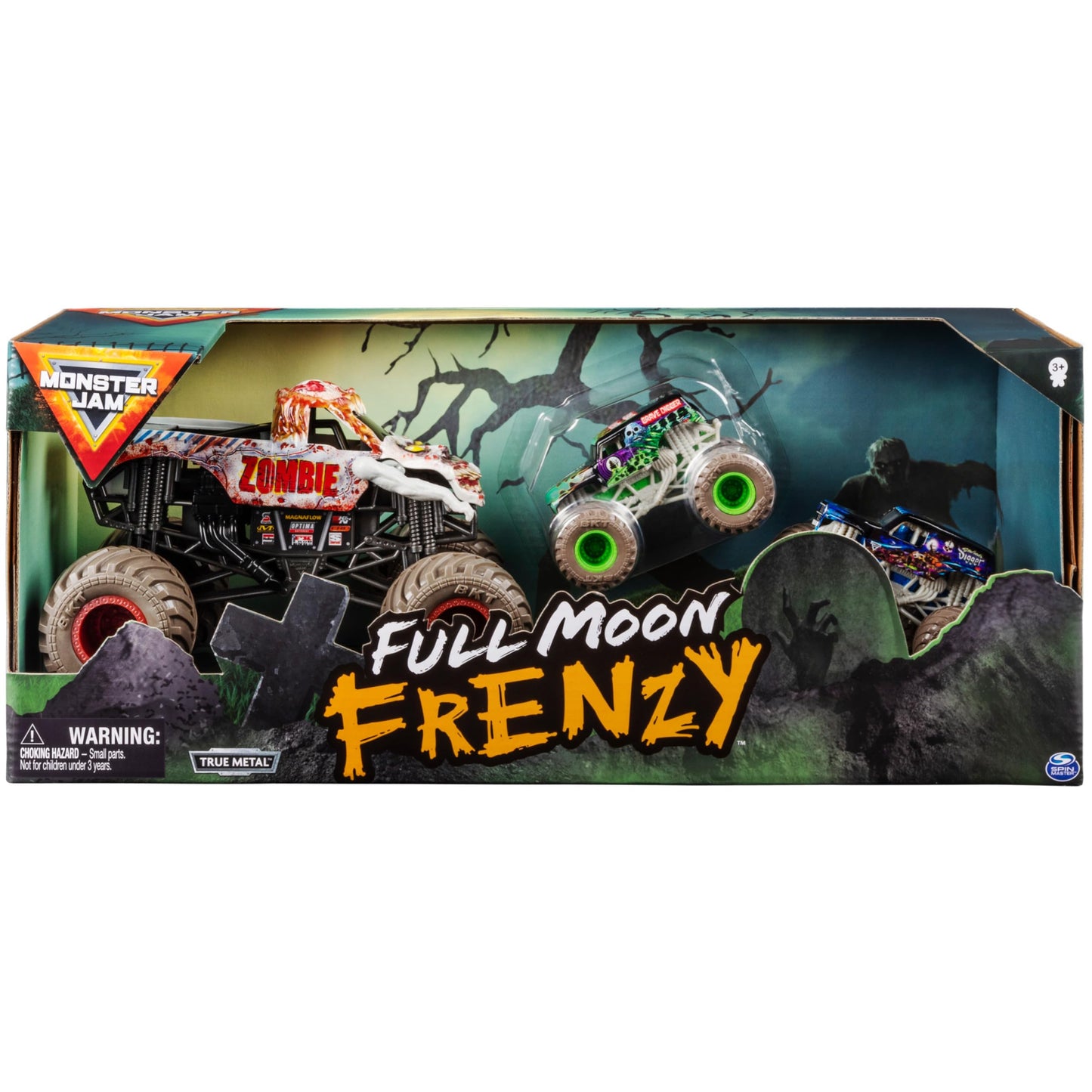 Monster Jam Full Moon Frenzy 3-Pack Die-Cast Trucks — Exclusive 1:24 Zombie & 1:64 Grave Digger & Son-Uva Digger