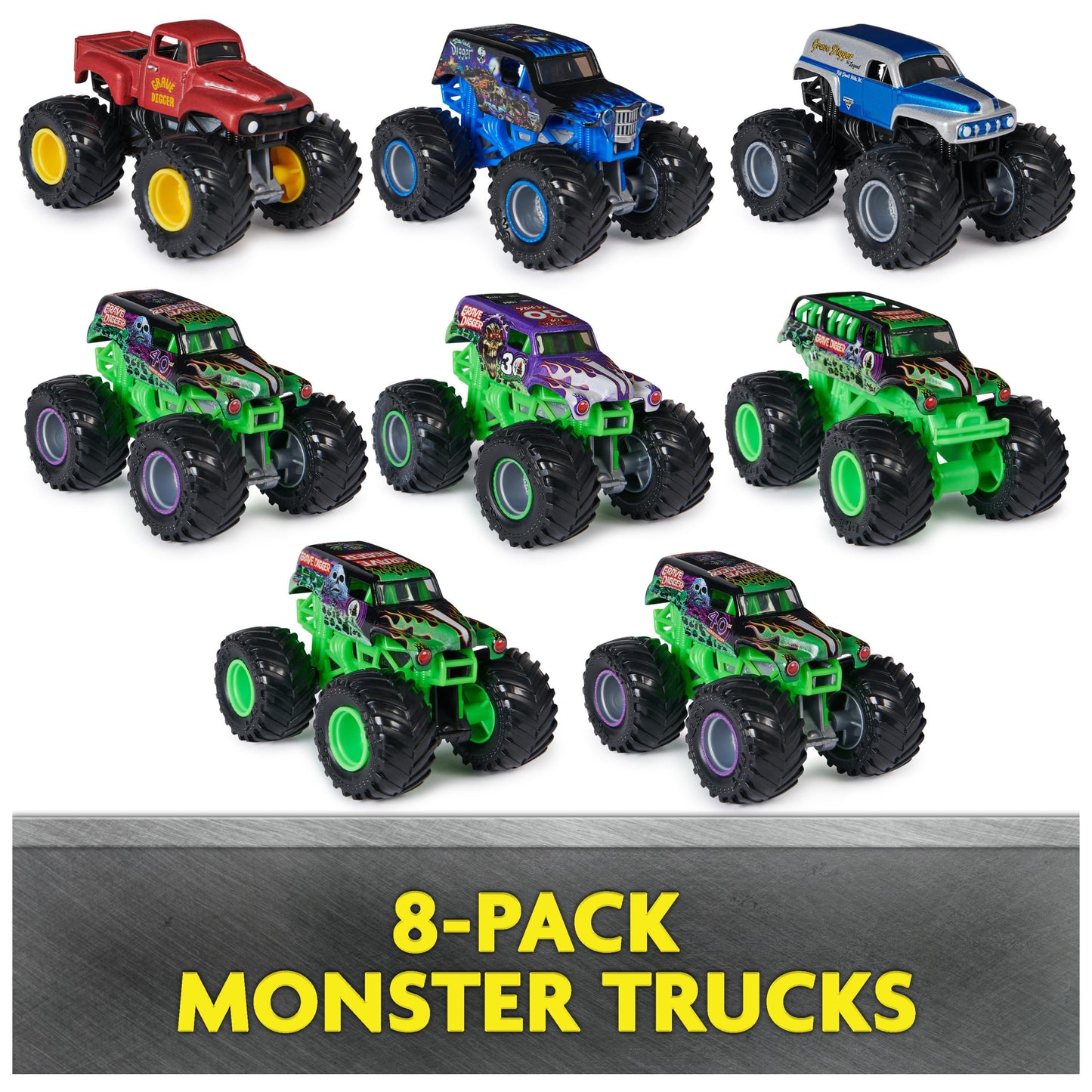 Monster Jam Grave Digger 40th Anniversary 8-Pack Monster Trucks – 1:64 Scale with Bonus Accessories