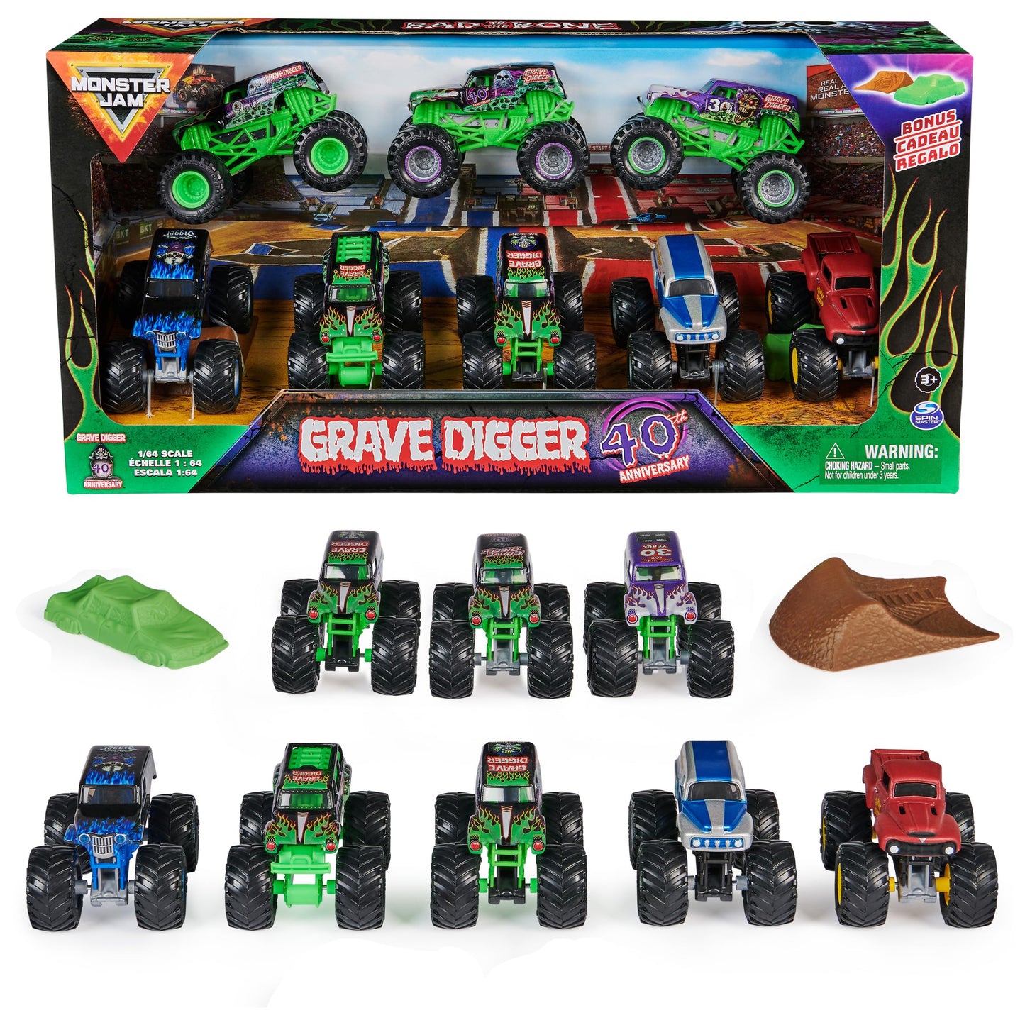 Monster Jam Grave Digger 40th Anniversary 8-Pack Monster Trucks – 1:64 Scale with Bonus Accessories
