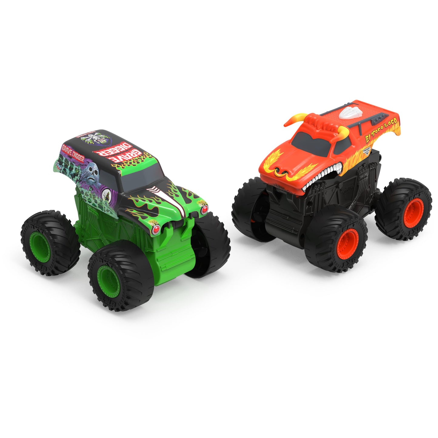 Monster Jam 1:43 Click & Flip Grave Digger & El Toro Loco 2-Pack – Front Flip Monster Trucks