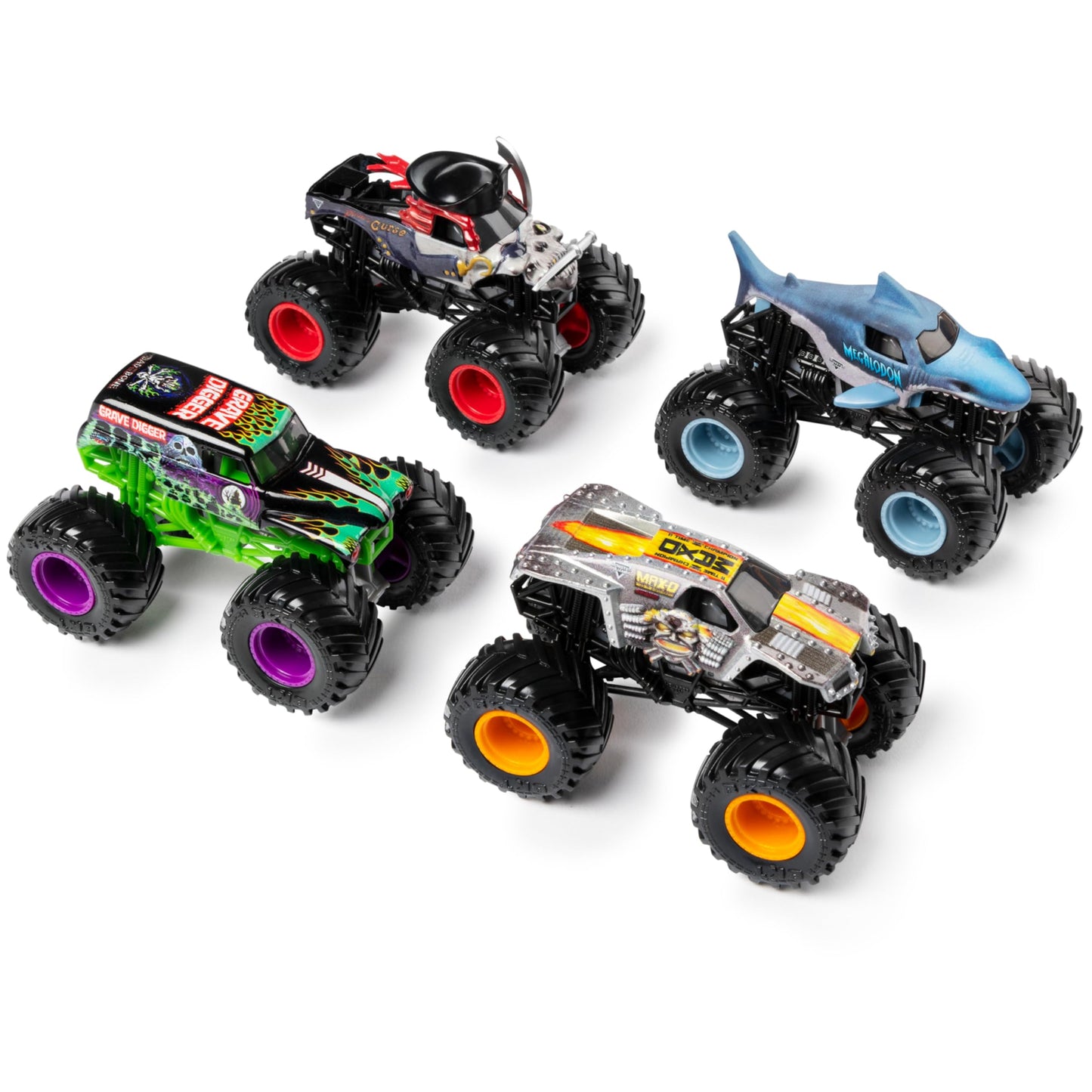 Monster Jam Land vs Sea 4 Pack 1:64 Scale — Grave Digger, Max-D, Megalodon & Pirate's Curse