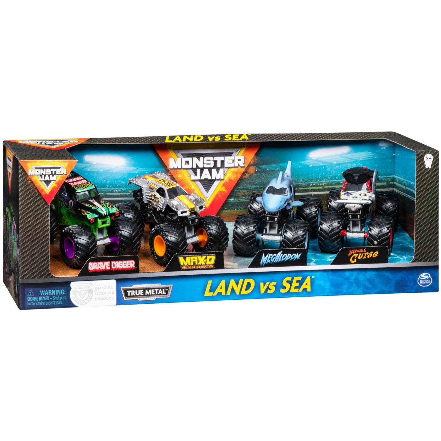 Monster Jam Land vs Sea 4 Pack 1:64 Scale — Grave Digger, Max-D, Megalodon & Pirate's Curse