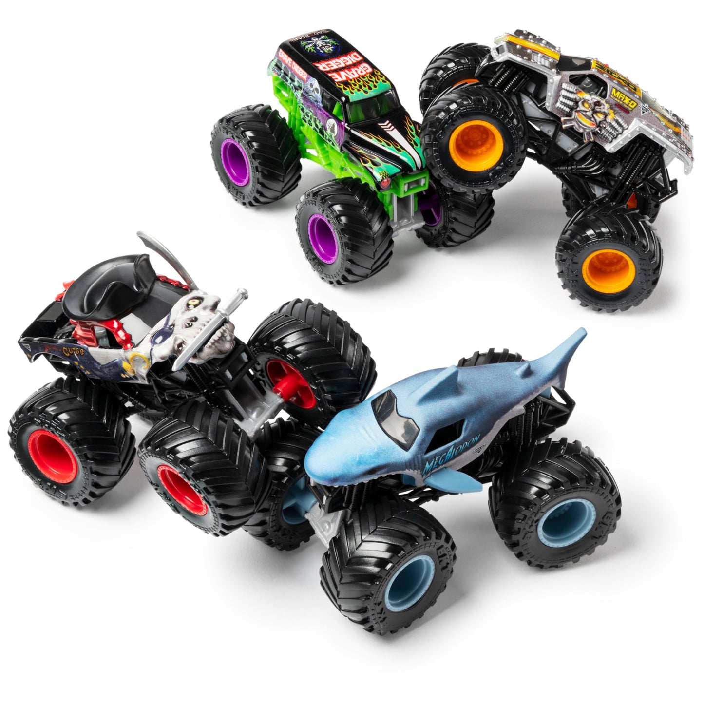 Monster Jam Land vs Sea 4 Pack 1:64 Scale — Grave Digger, Max-D, Megalodon & Pirate's Curse