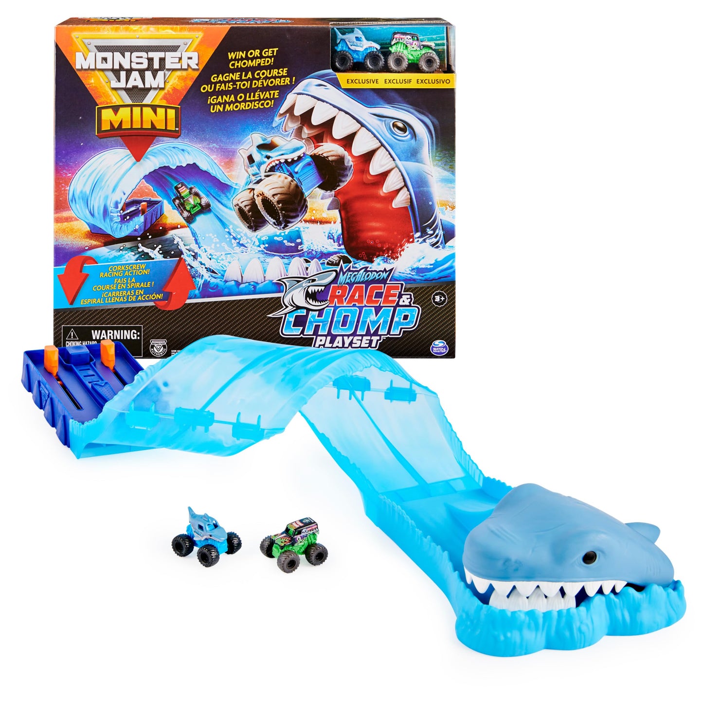 Monster Jam Mini Megalodon Race & Chomp Playset — 2 Exclusive Trucks, 1:87 Scale