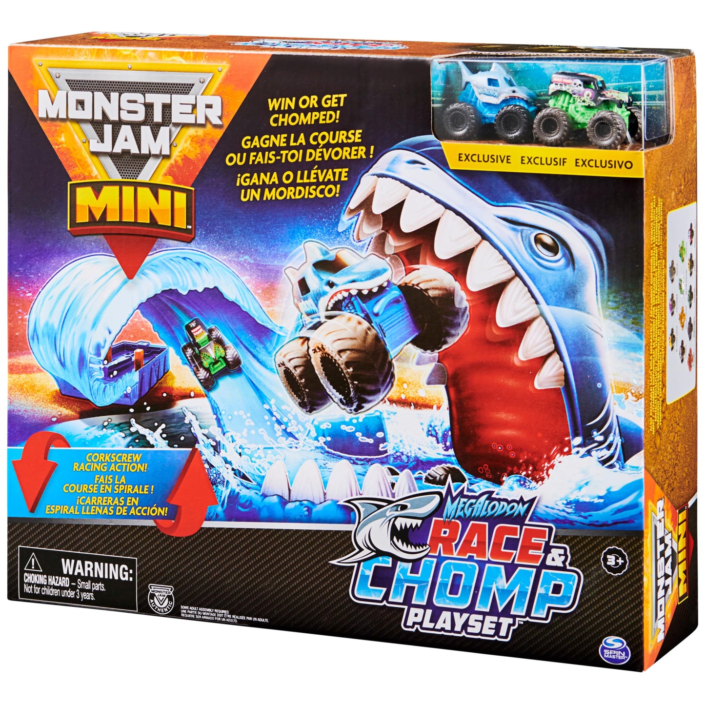 Monster Jam Mini Megalodon Race & Chomp Playset — 2 Exclusive Trucks, 1:87 Scale